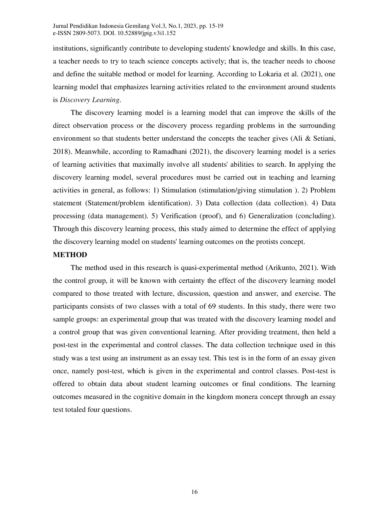 juris The Effect of Discovery Learning Model on Students Learning Outcomes on the Protists Concept
