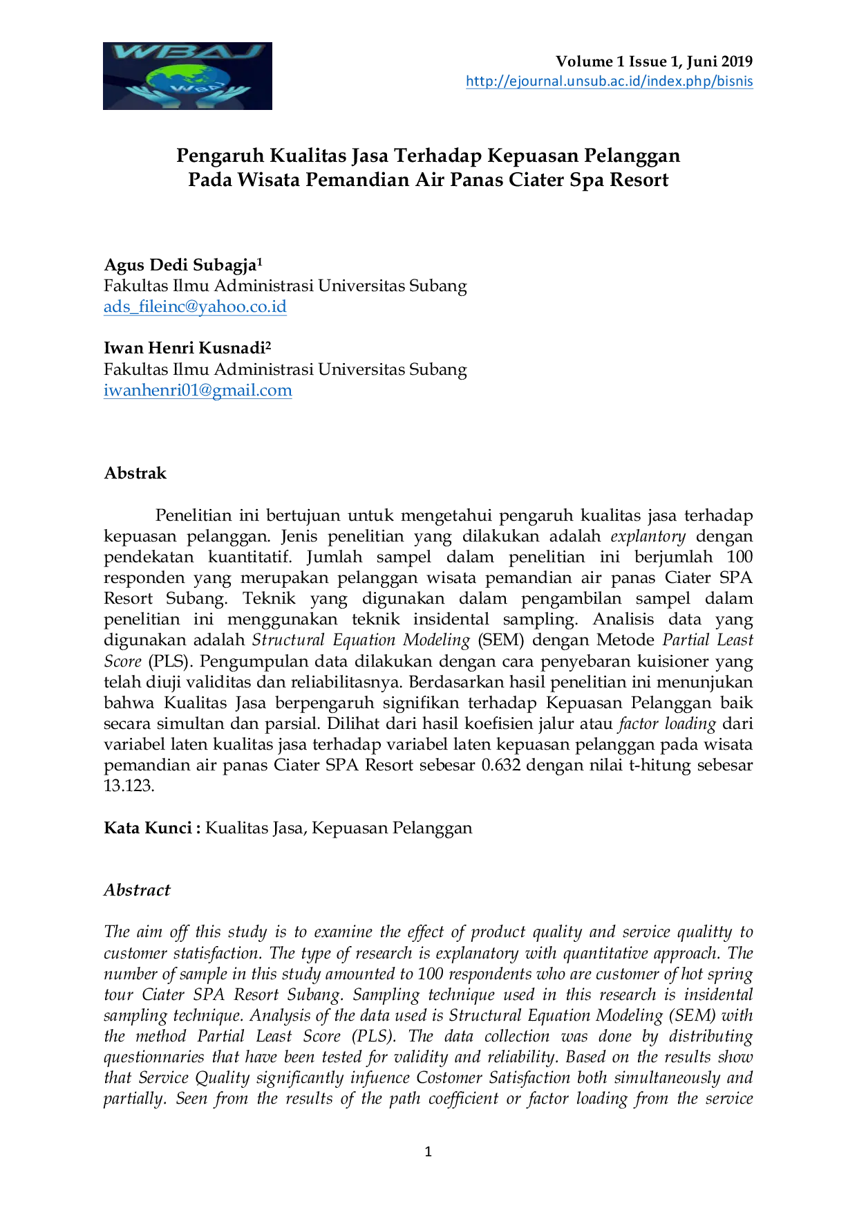 JURIS Pengaruh Kualitas Jasa Terhadap Kepuasan Pelanggan Pada Wisata Pemandian Air Panas Ciater Spa Resort