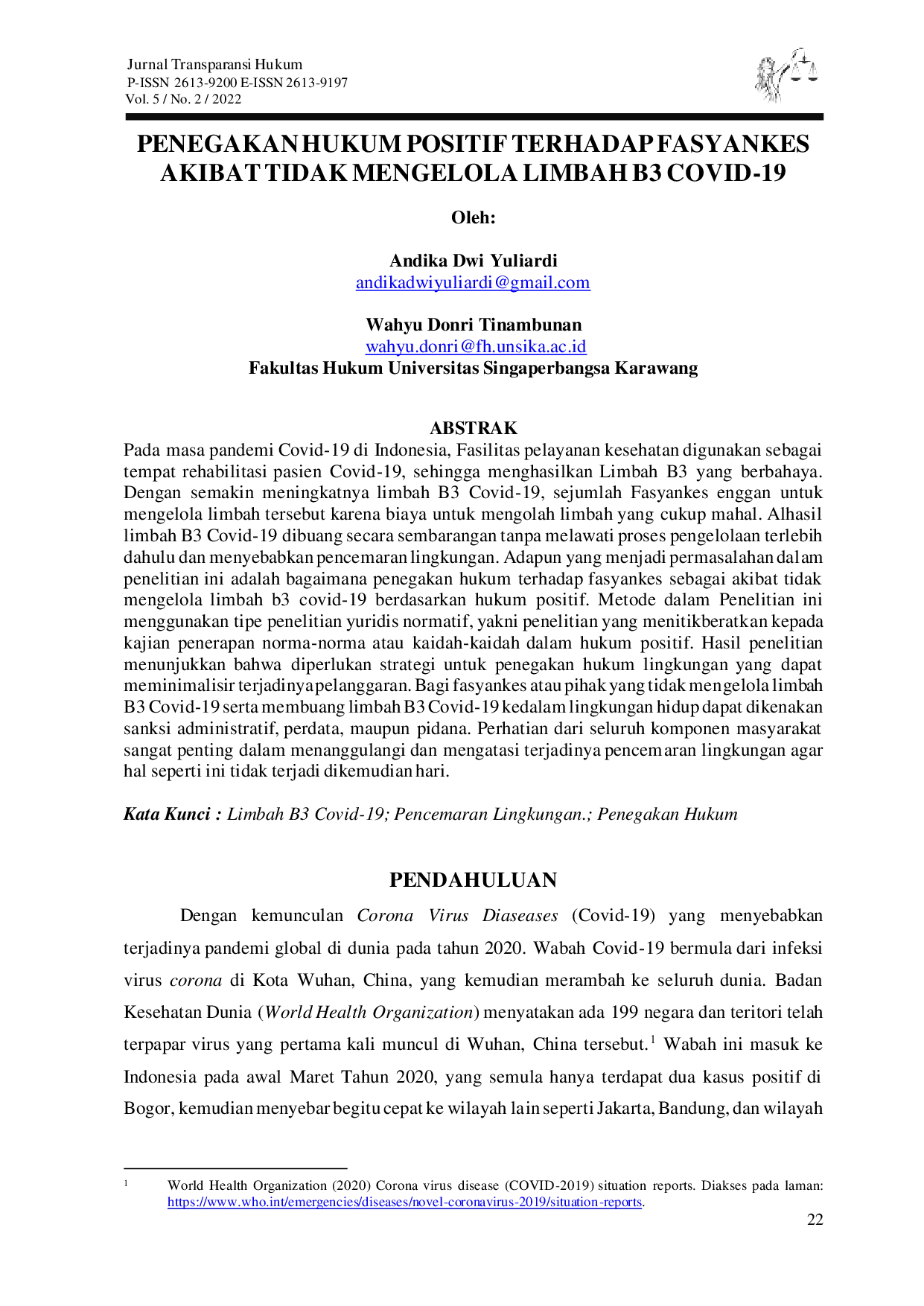 JURIS Penegakan Hukum Positif Terhadap Fasyankes Akibat Tidak Mengelola Limbah B3 Covid 19