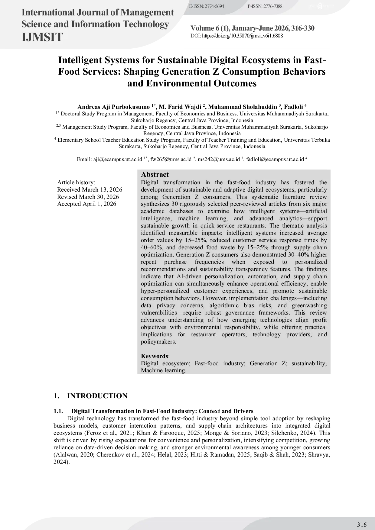 JURIS Intelligent Systems for Sustainable Digital Ecosystems in Fast Food Services Shaping Generation Z Consumption Behaviors and Environmental Outcomes