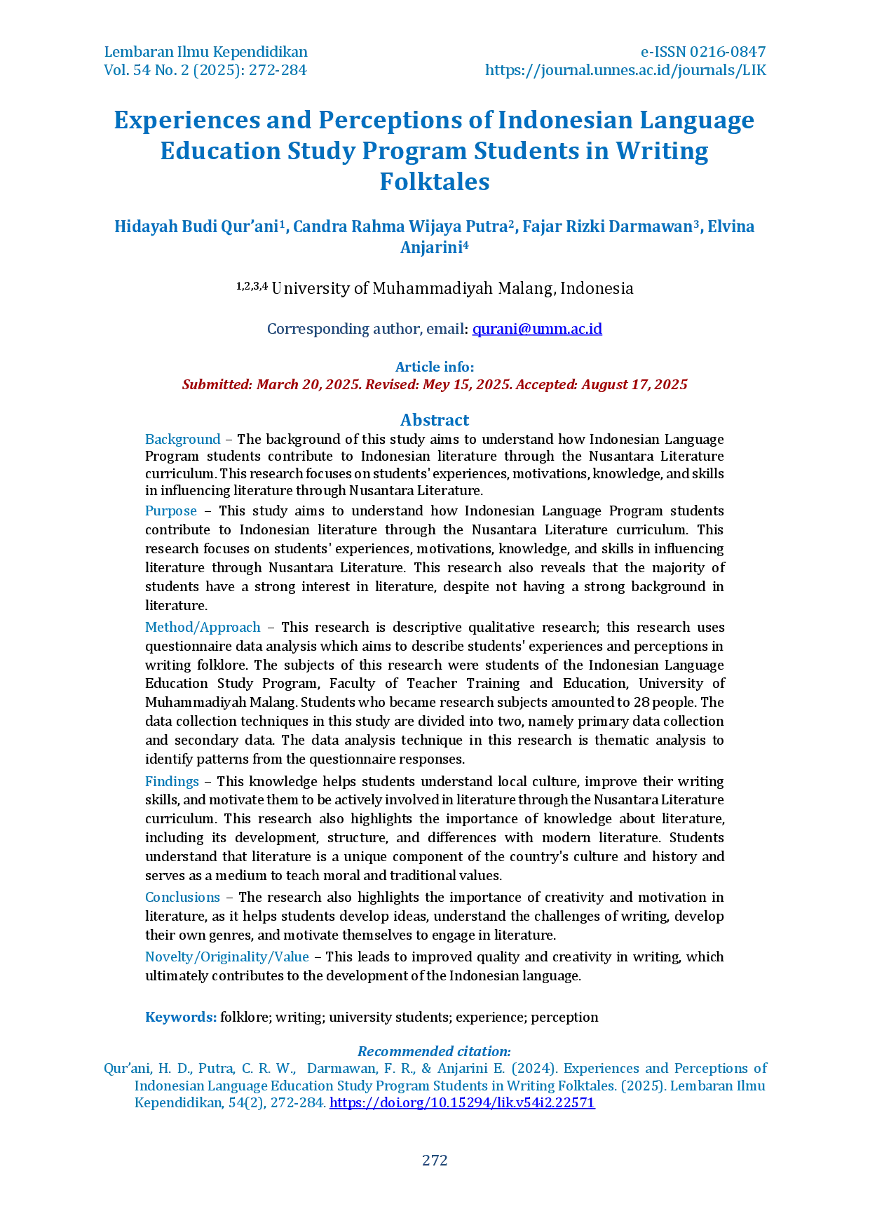 juris Experiences and Perceptions of Indonesian Language Education Study Program Students in Writing Folktales