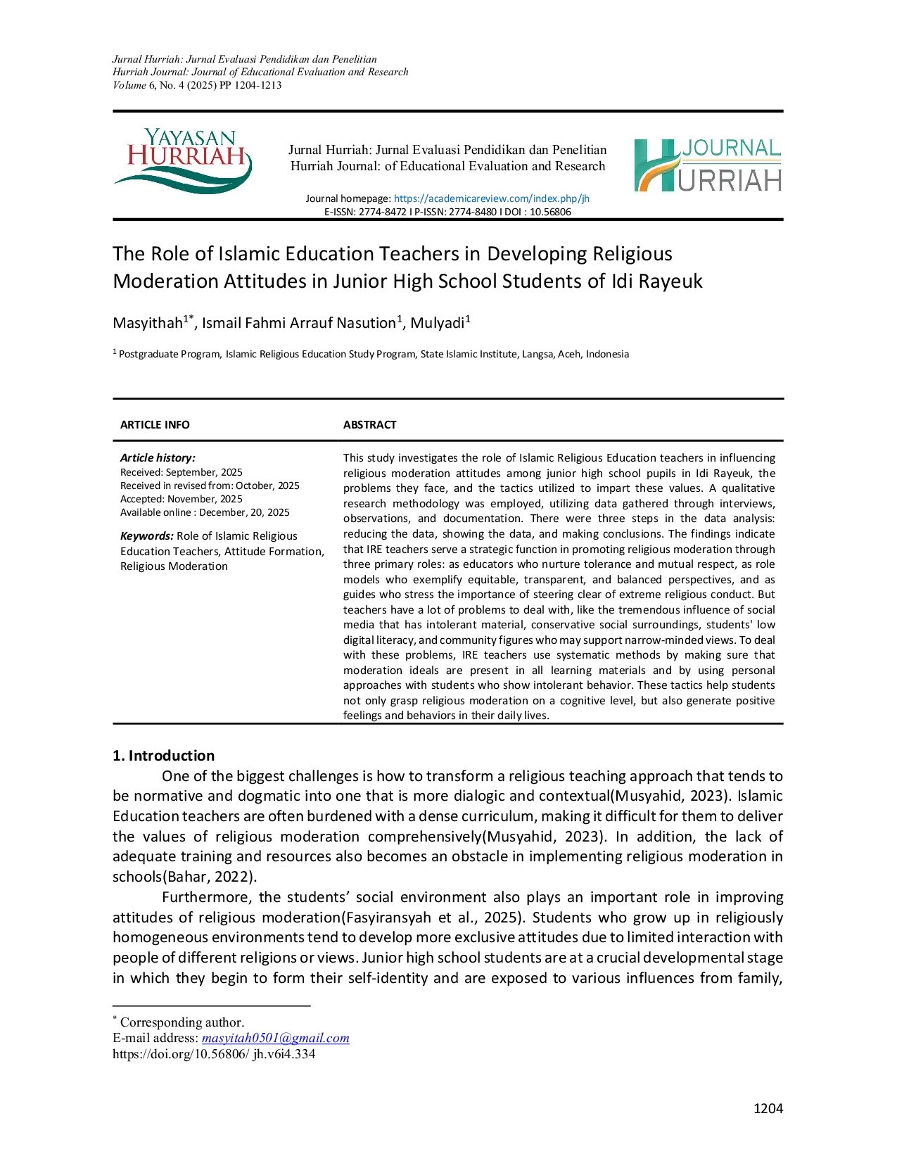 JURIS The Role of Islamic Education Teachers in Instilling Religious Moderation Attitudes in Junior High School Students Throughout Idi Rayeuk