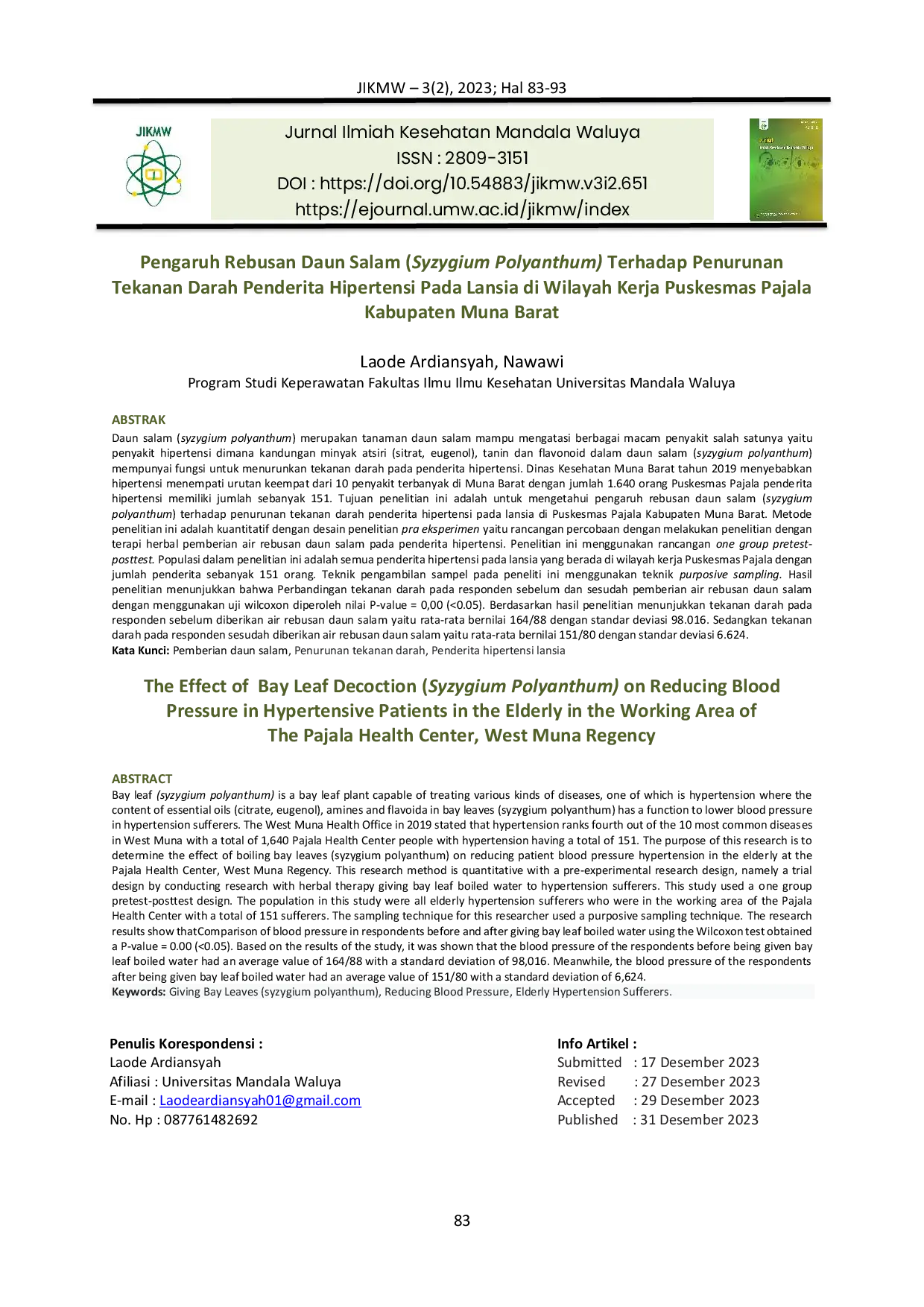 JURIS Pengaruh Rebusan Daun Salam Syzygiumpolyanthum Terhadap Penurunan Tekanan Darah Penderita Hipertensi Pada Lansia Di Wilayah Kerja Puskesmas Pajala Kabupaten Muna Barat