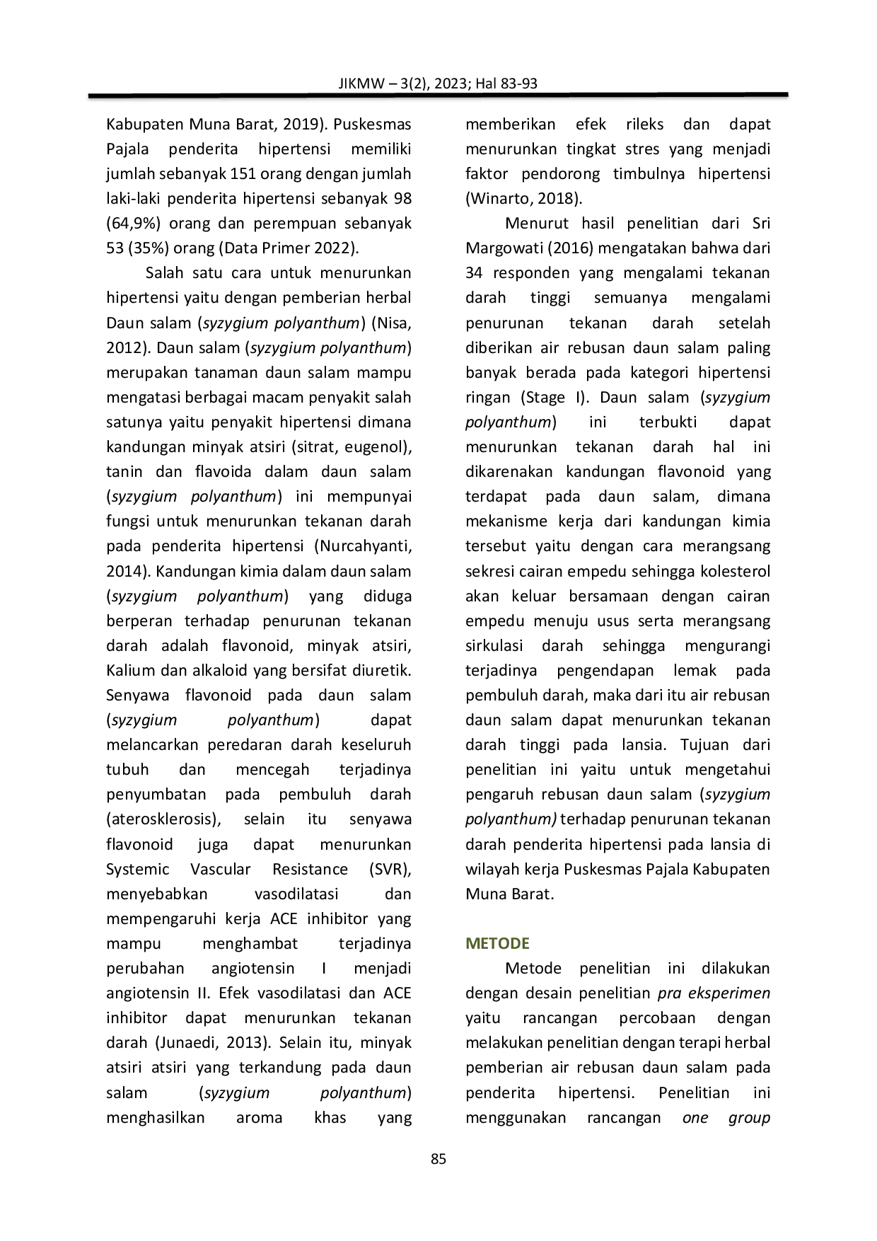 JURIS Pengaruh Rebusan Daun Salam Syzygiumpolyanthum Terhadap Penurunan Tekanan Darah Penderita Hipertensi Pada Lansia Di Wilayah Kerja Puskesmas Pajala Kabupaten Muna Barat