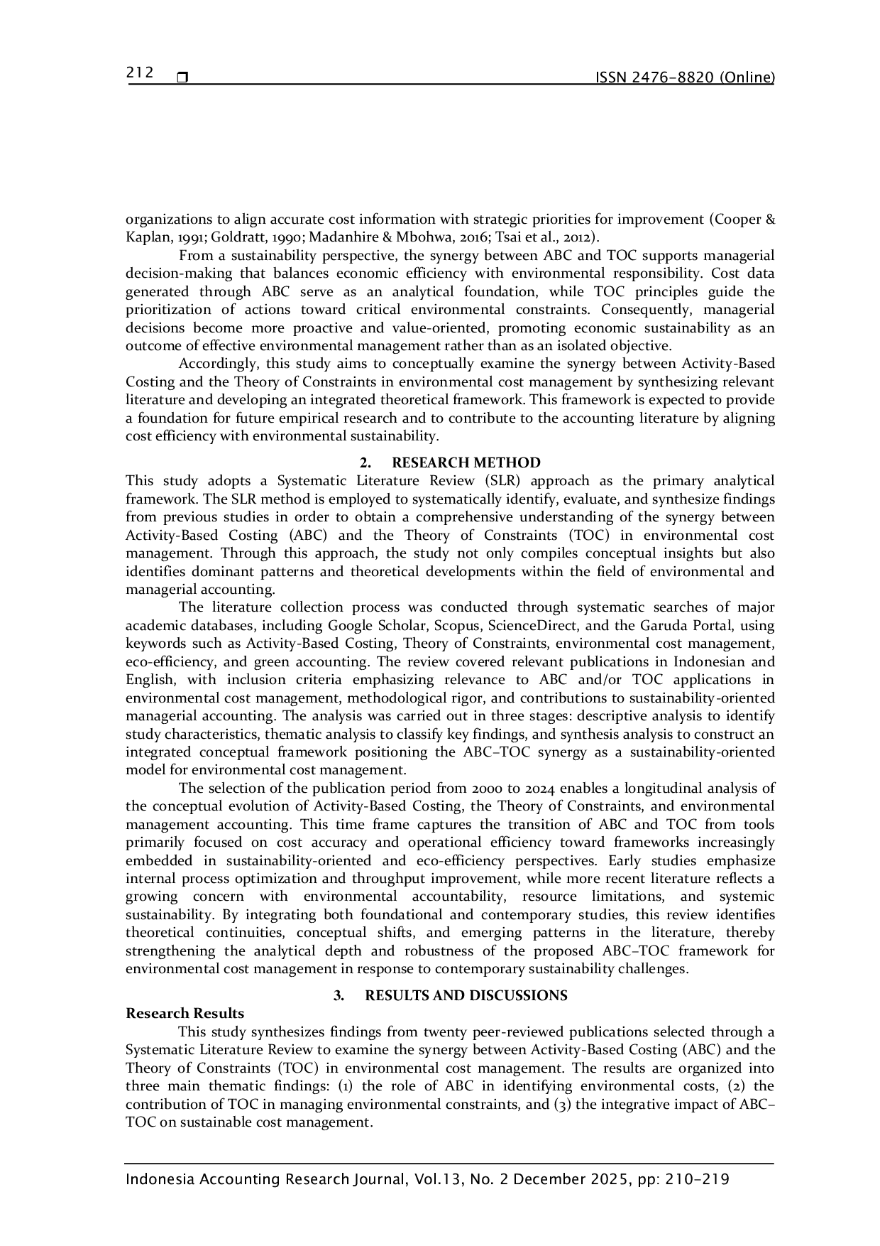JURIS The synergy of activity based costing ABC and the theory of constraints TOC in environmental cost management
