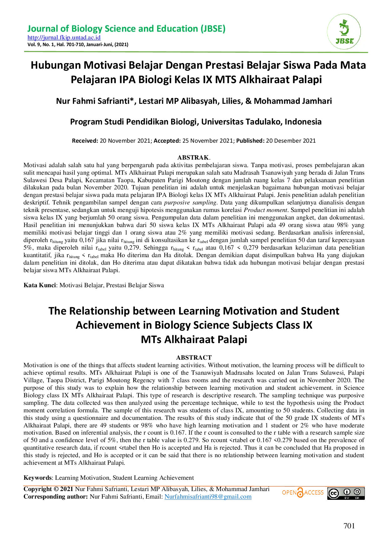 JURIS Hubungan Motivasi Belajar Dengan Prestasi Belajar Siswa Pada Mata Pelajaran IPA Biologi Kelas IX MTS Alkhairaat Palapi