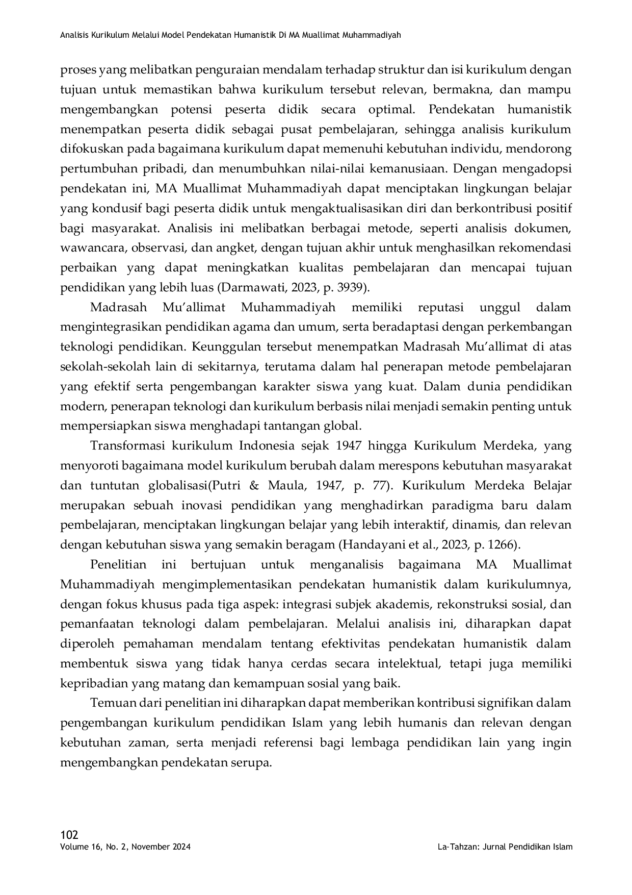 JURIS Analisis Kurikulum Melalui Model Pendekatan Humanistik Di MA Muallimat Muhammadiyah