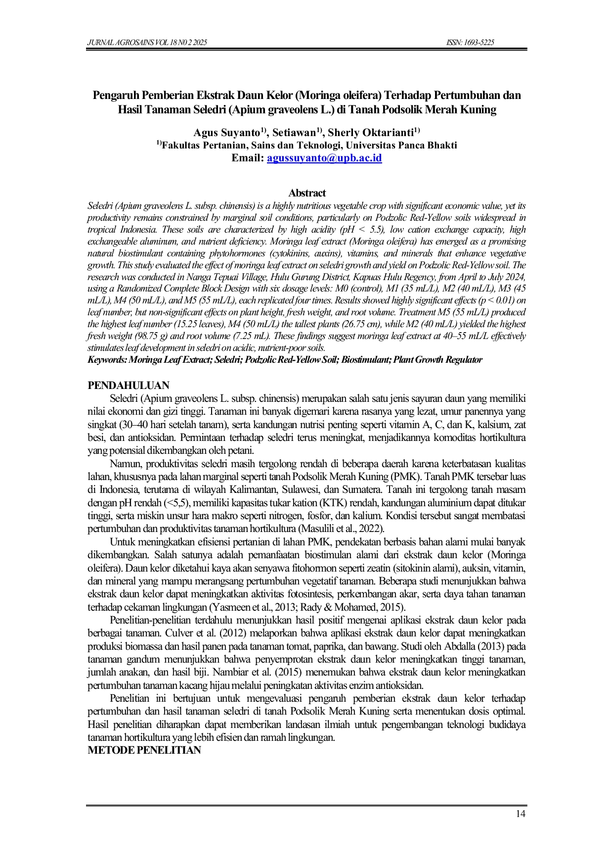 JURIS Pengaruh Pemberian Ekstrak Daun Kelor Moringa oleifera Terhadap Pertumbuhan dan Hasil Tanaman Seledri Apium graveolens L di Tanah Podsolik Merah Kuning
