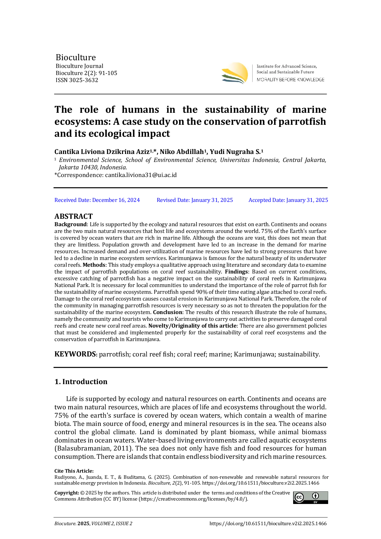 JURIS The role of humans in the sustainability of marine ecosystems A case study on the conservation of parrotfish and its ecological impact