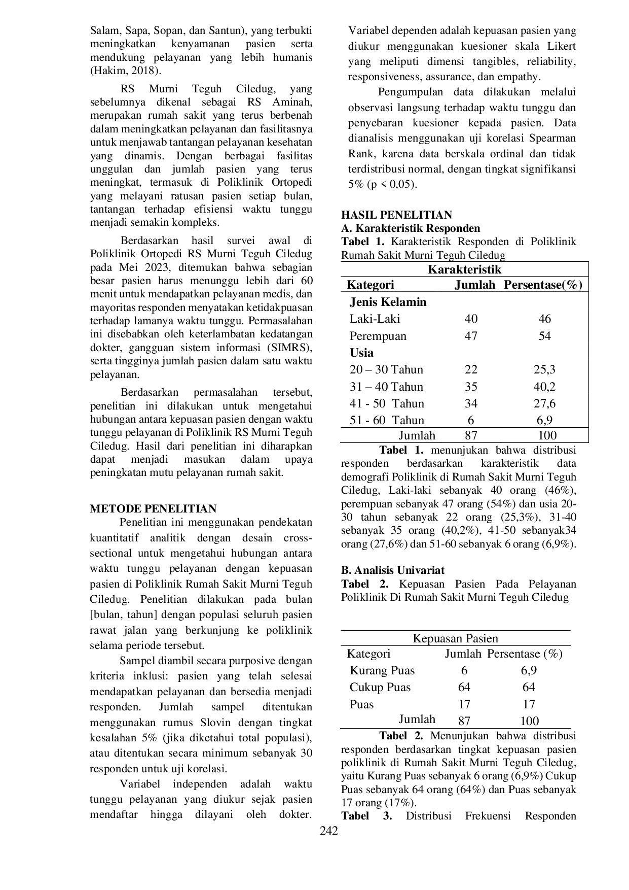 JURIS Hubungan Kepuasan Pasien dengan Waktu Tunggu Pelayanan Poliklinik Rumah Sakit Murni Teguh Ciledug