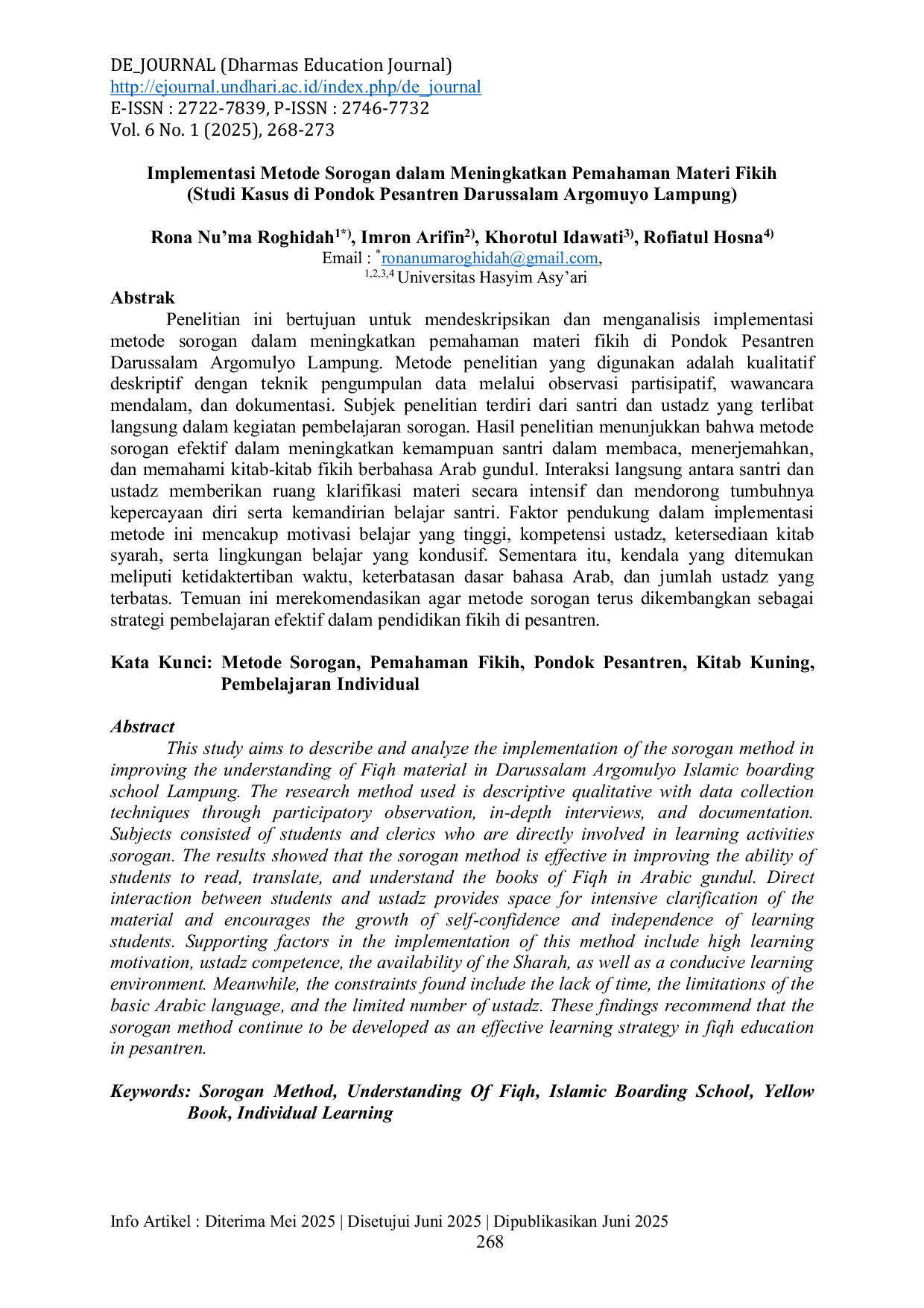 JURIS Implementasi Metode Sorogan dalam Meningkatkan Pemahaman Materi Fikih Studi Kasus di Pondok Pesantren Darussalam Argomuyo Lampung