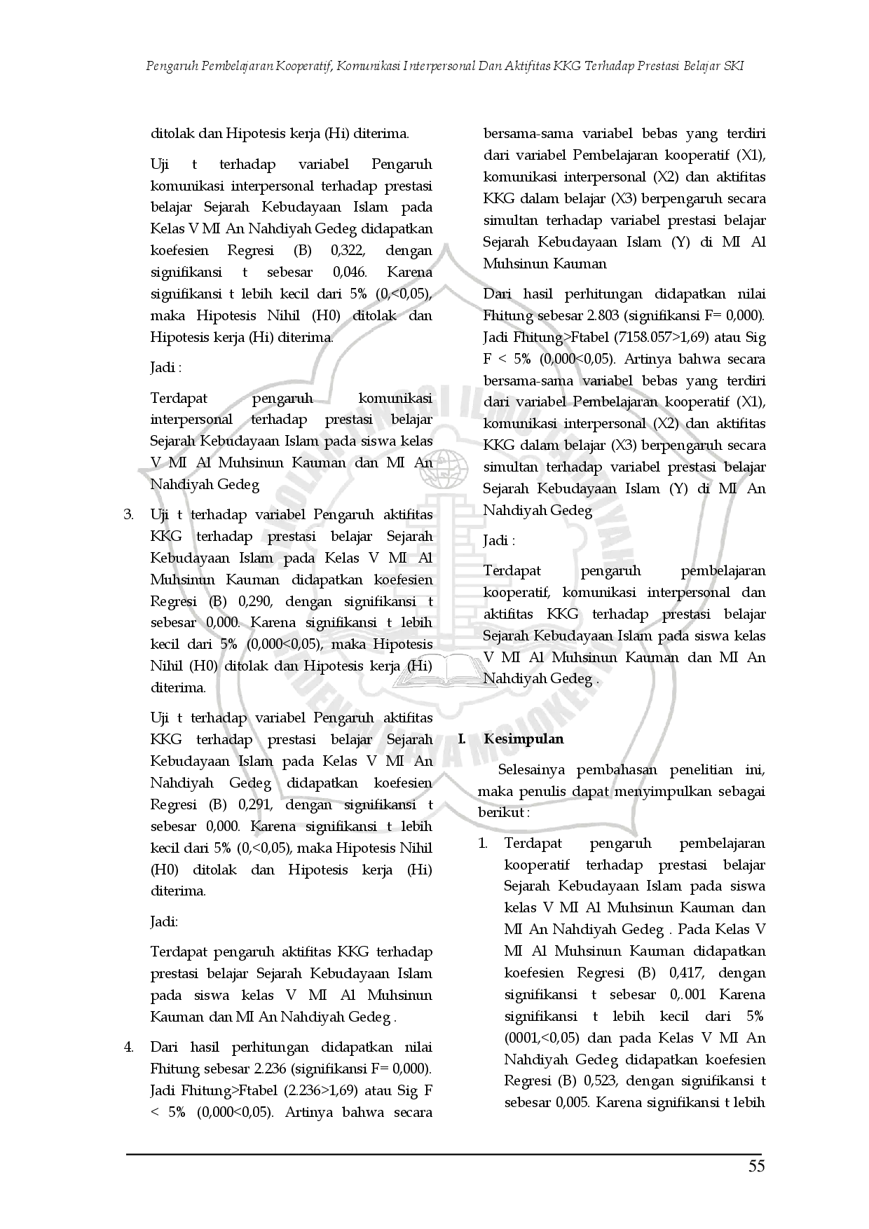 juris Pengaruh Pembelajaran Kooperatif Komunikasi Interpersonal dan Aktifitas KKG Terhadap Prestasi Belajar Sejarah Kebudayaan Islam pada Siswa Kelas V MI Al Muhsinun Kauman dan MI An Nahdiyah Gedeg
