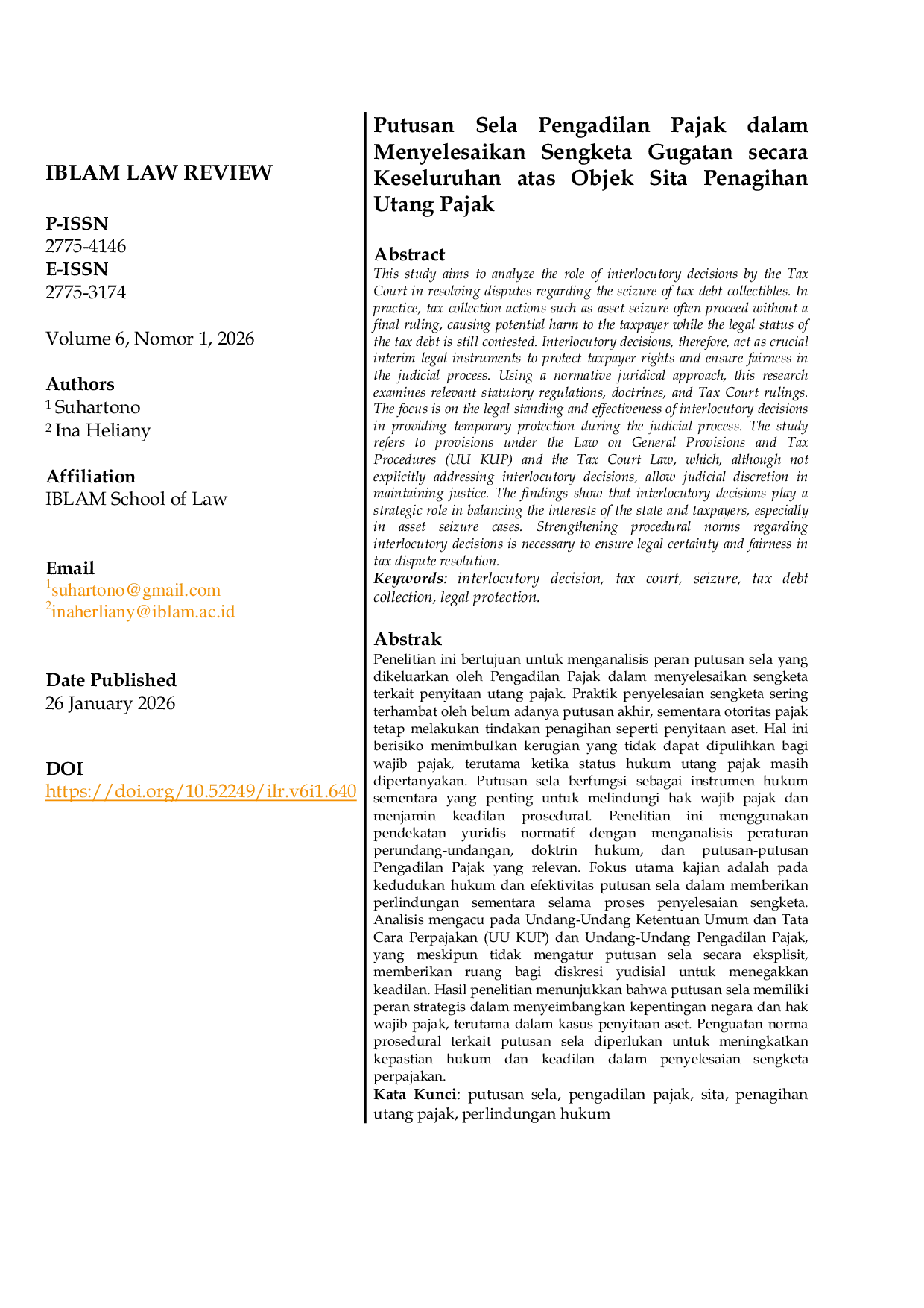 JURIS Putusan Sela Pengadilan Pajak dalam Menyelesaikan Sengketa Gugatan secara Keseluruhan atas Objek Sita Penagihan Utang Pajak