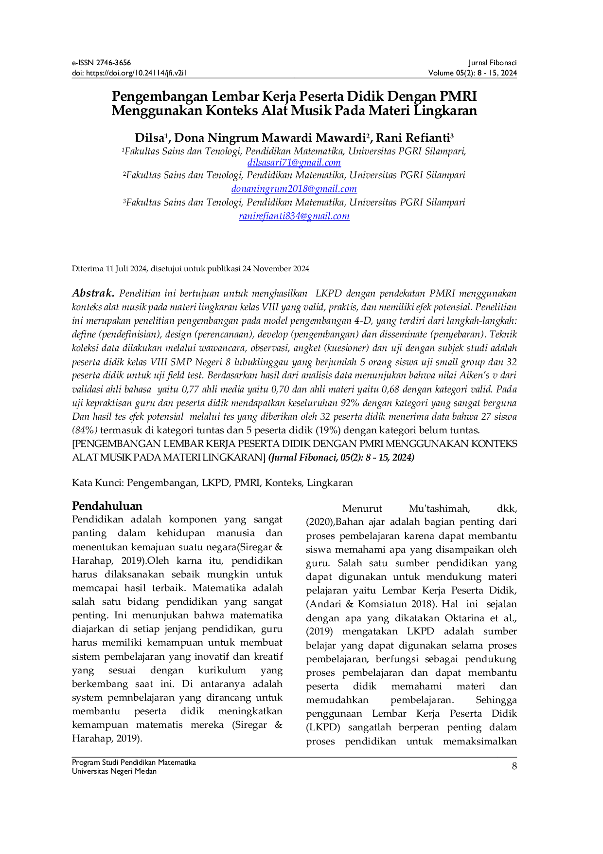 JURIS Pengembangan Lembar Kerja Peserta Didik Dengan PMRI Menggunakan Konteks Alat Musik Pada Materi Lingkaran