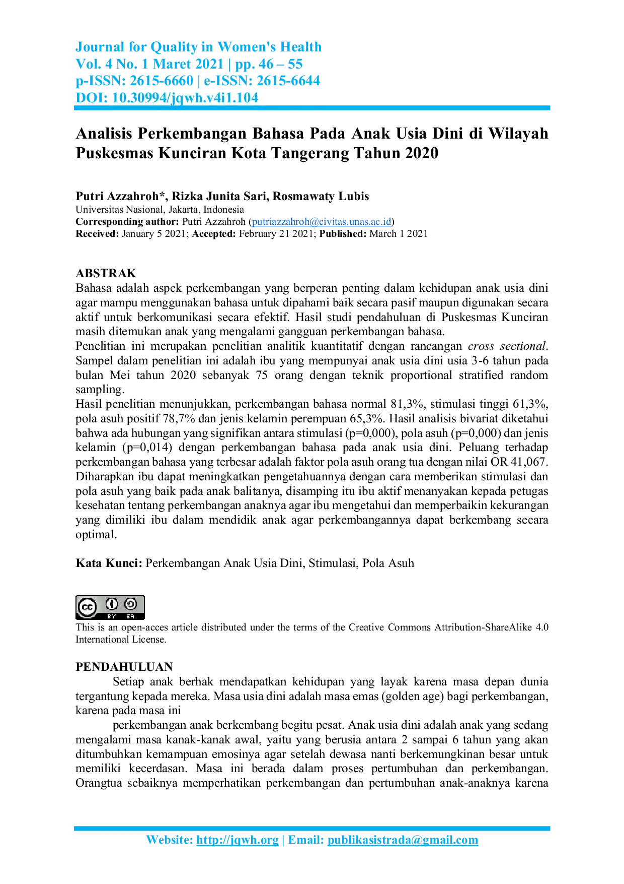 JURIS Analisis Perkembangan Bahasa Pada Anak Usia Dini di Wilayah Puskesmas Kunciran Kota Tangerang Tahun 2020