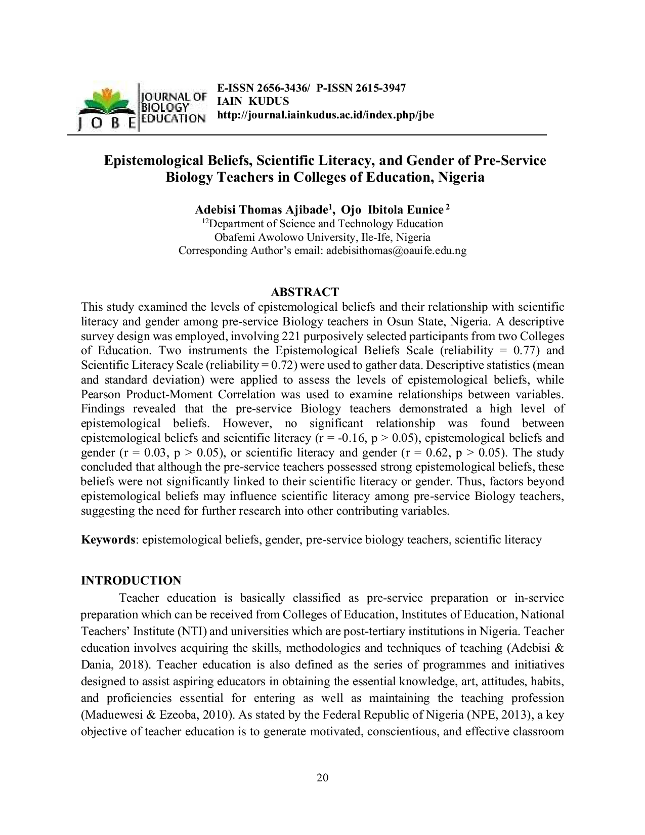 JURIS Epistemological Beliefs Scientific Literacy and Gender of Pre Service Biology Teachers in Colleges of Education Nigeria