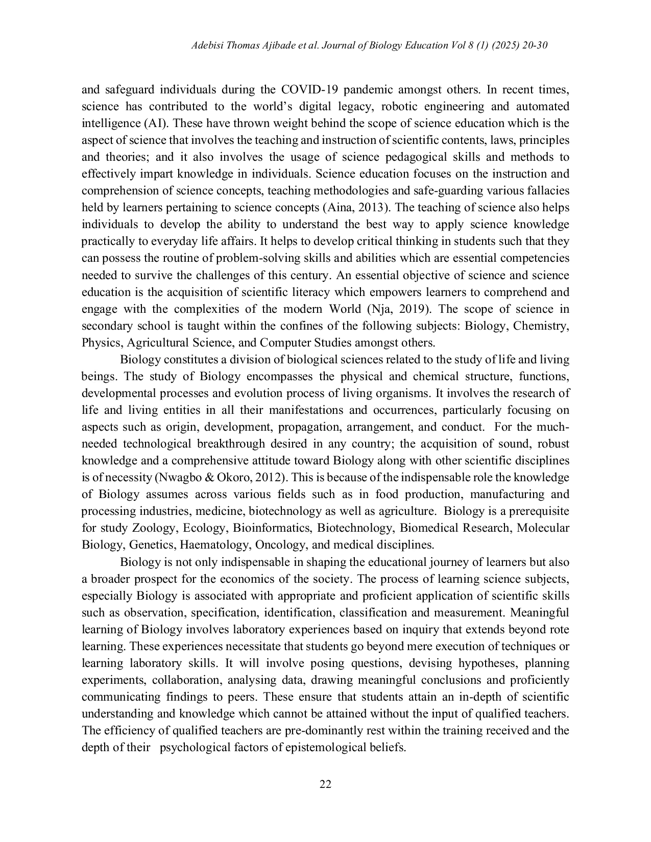 JURIS Epistemological Beliefs Scientific Literacy and Gender of Pre Service Biology Teachers in Colleges of Education Nigeria