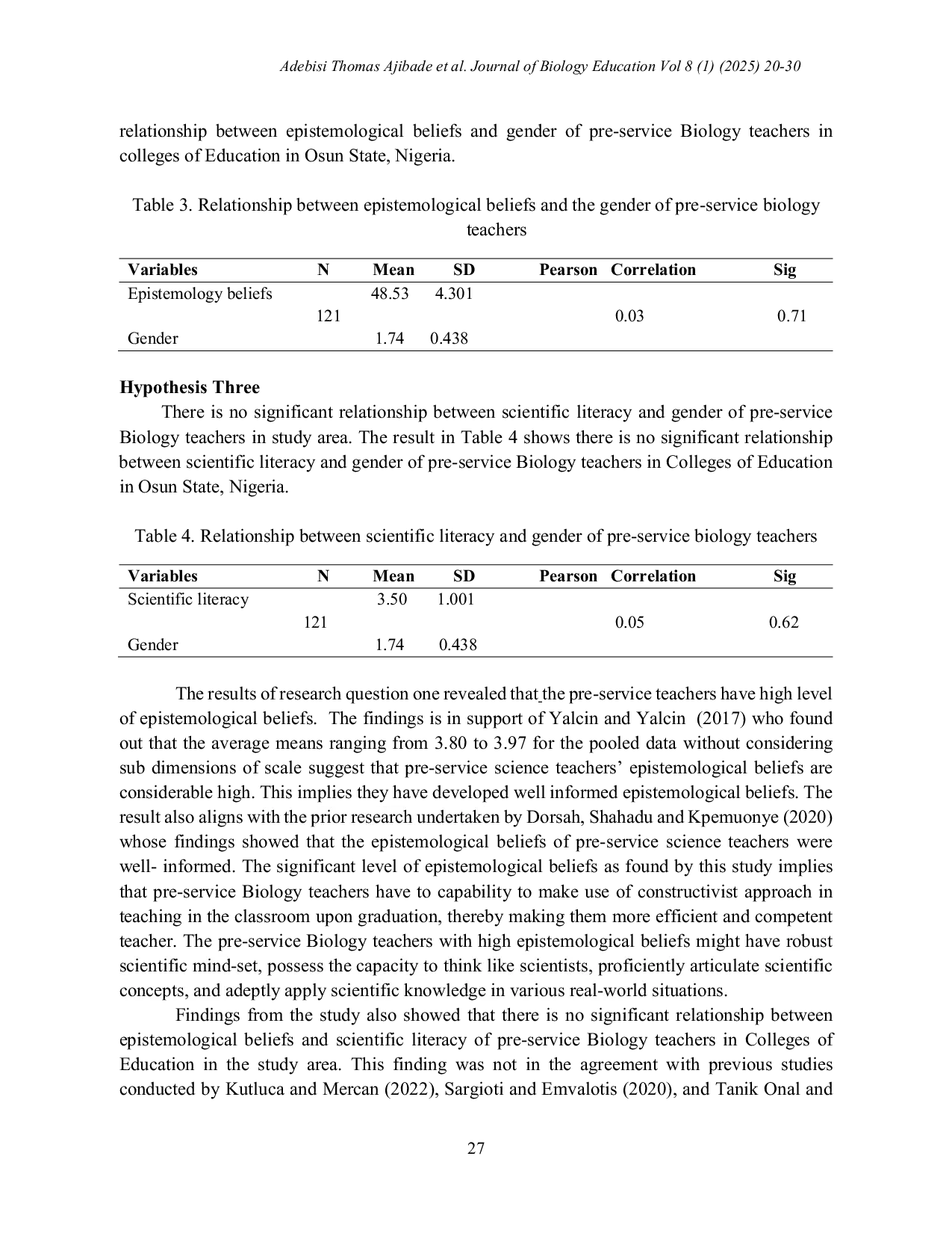 JURIS Epistemological Beliefs Scientific Literacy and Gender of Pre Service Biology Teachers in Colleges of Education Nigeria