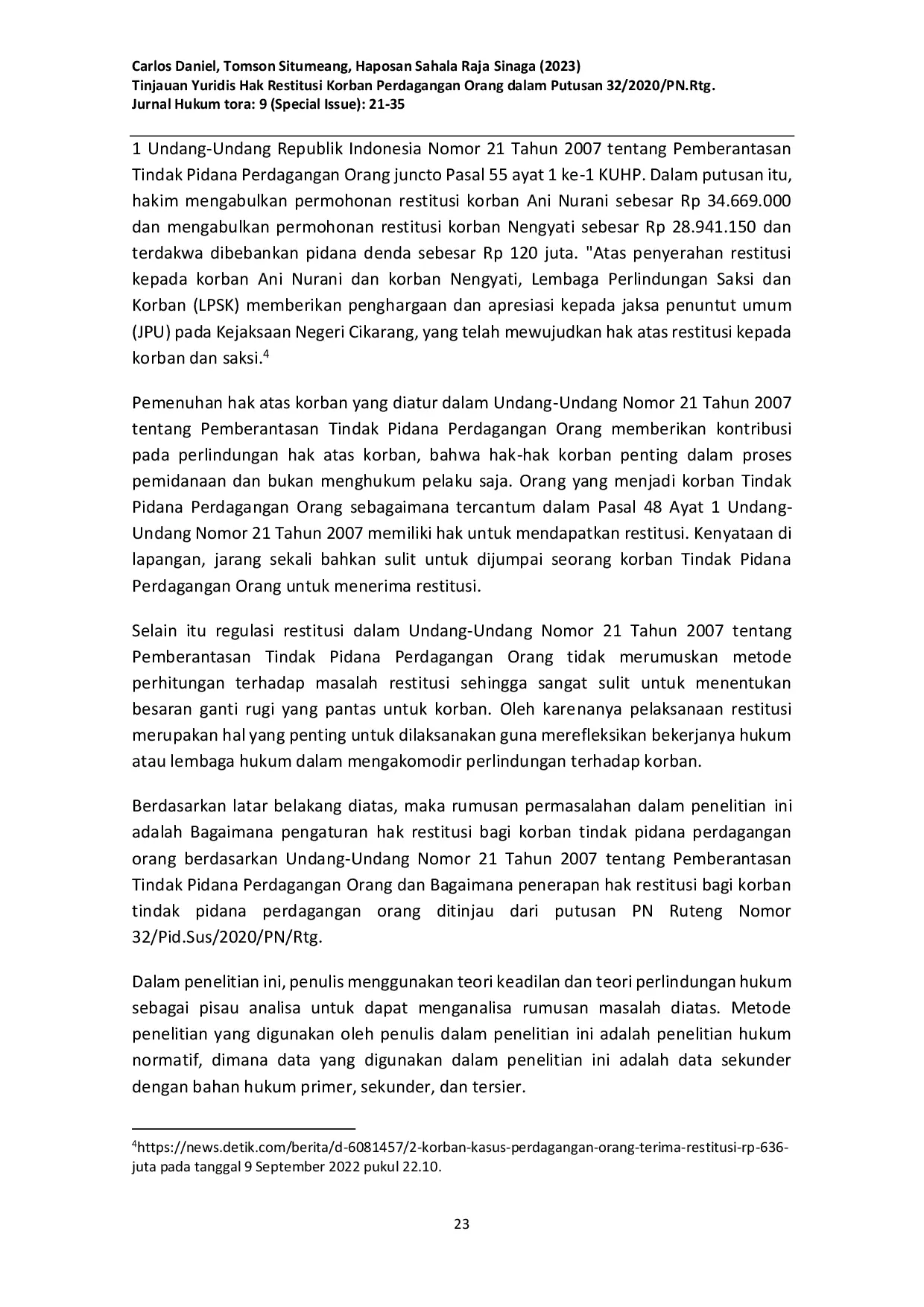 JURIS Tinjauan Yuridis Hak Restitusi Korban Perdagangan Orang dalam Putusan 32 2020 PN Rtg