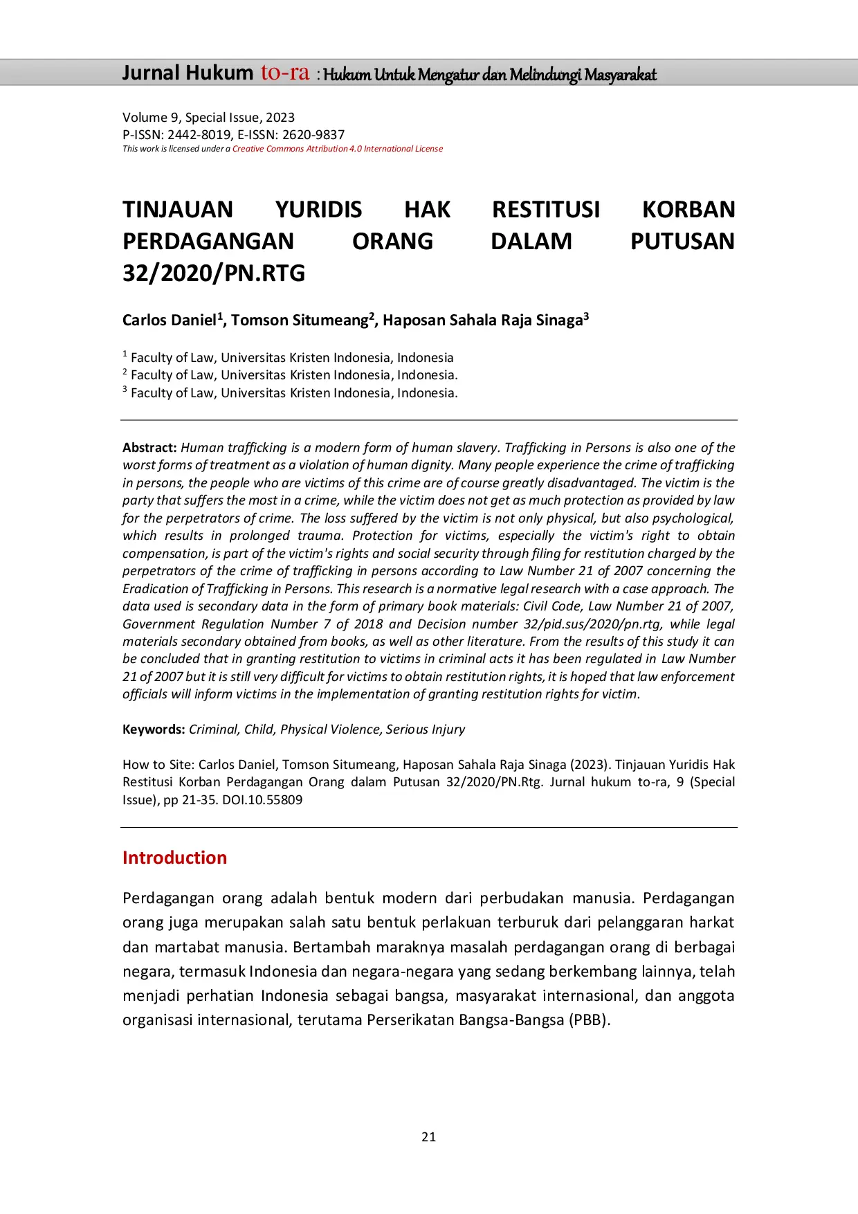 JURIS Tinjauan Yuridis Hak Restitusi Korban Perdagangan Orang dalam Putusan 32 2020 PN Rtg