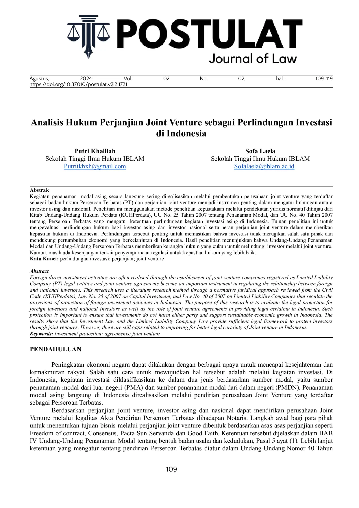 JURIS Analisis Hukum Perjanjian Joint Venture Sebagai Perlindungan Investasi Di Indonesia