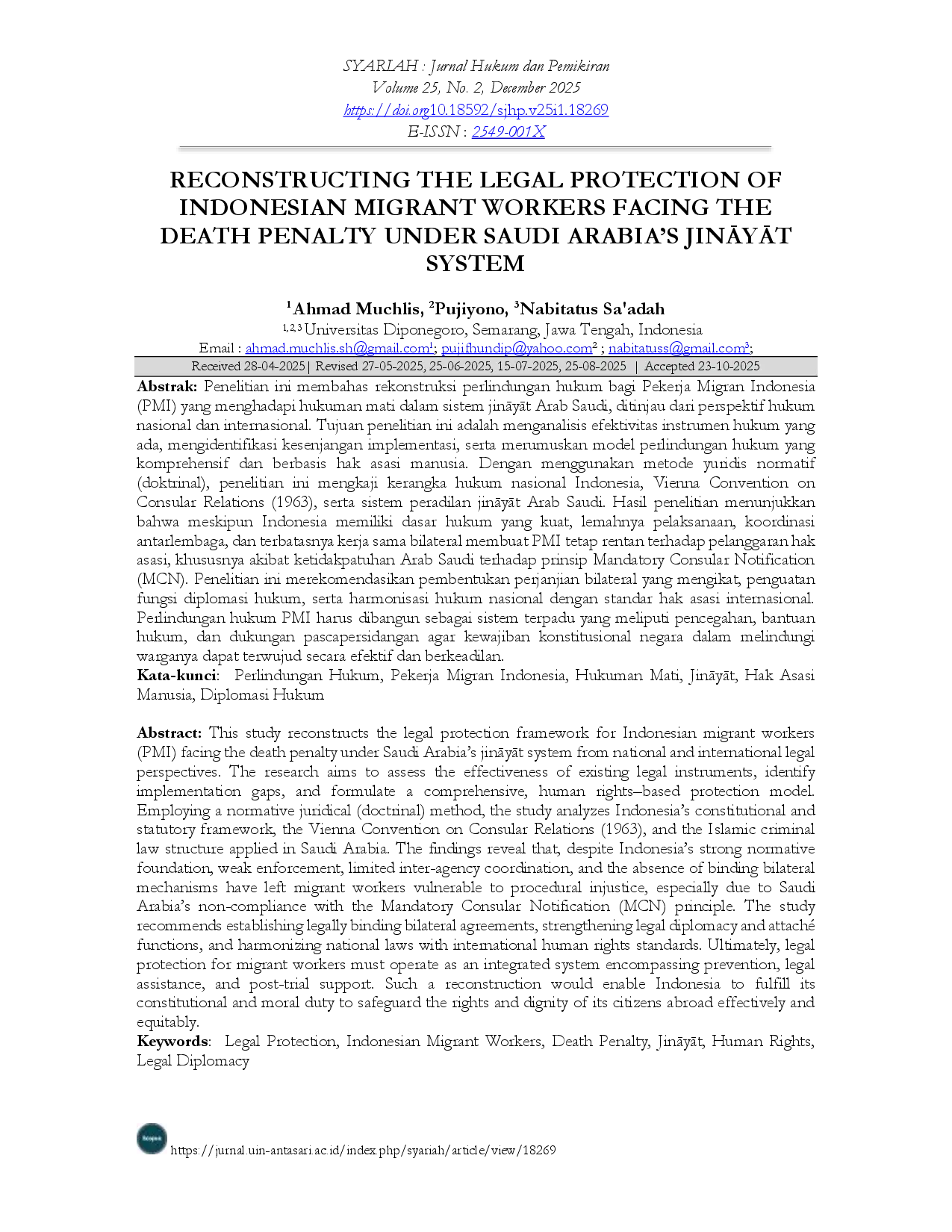juris Reconstructing The Legal Protection Of Indonesian Migrant Workers Facing The Death Penalty Jinayat In Saudi Arabia National And International Legal Perspectives