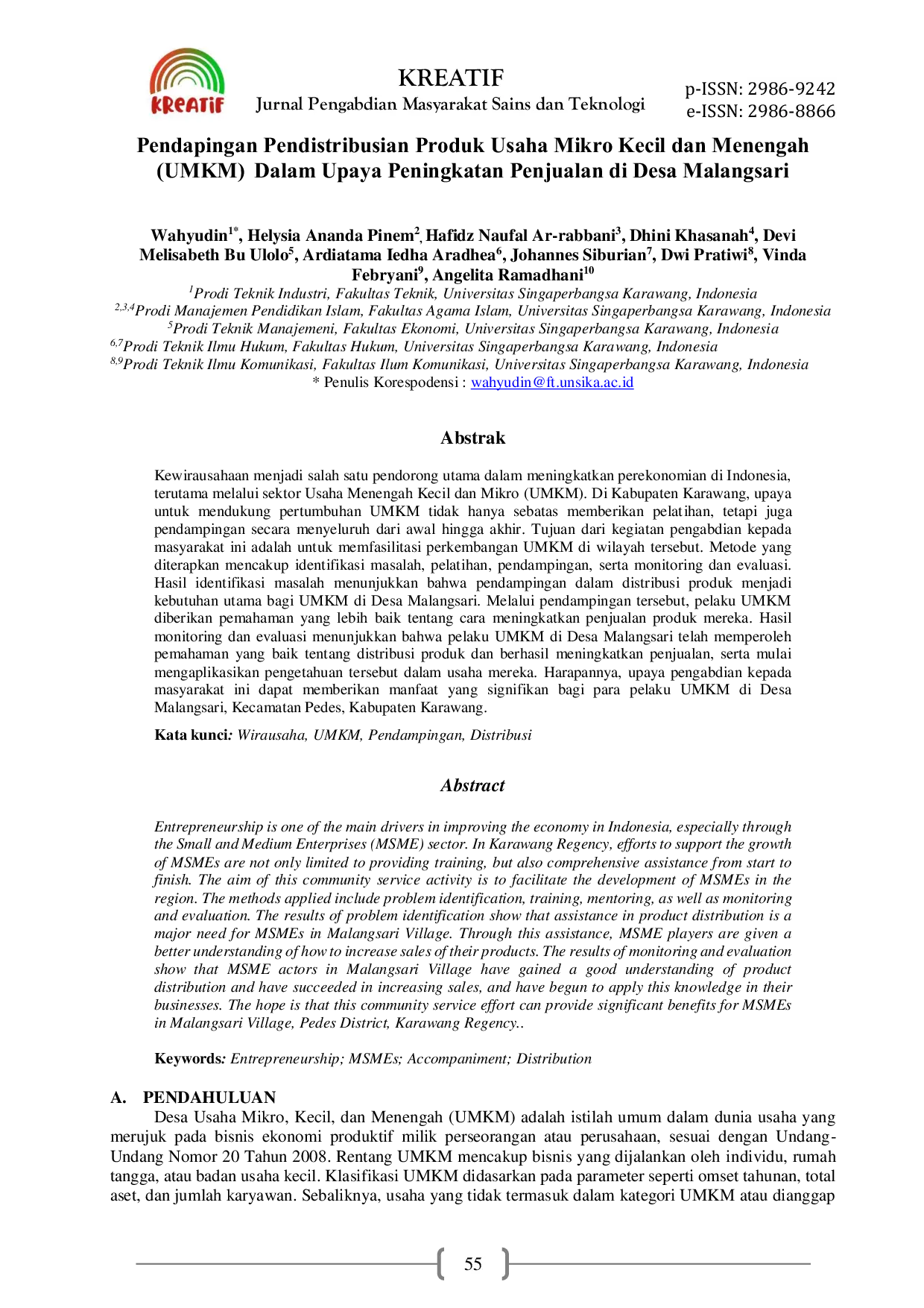 JURIS Assistance in the Distribution of Micro Small and Medium Enterprises MSME Products in Efforts to Increase Sales in Malangsari Village