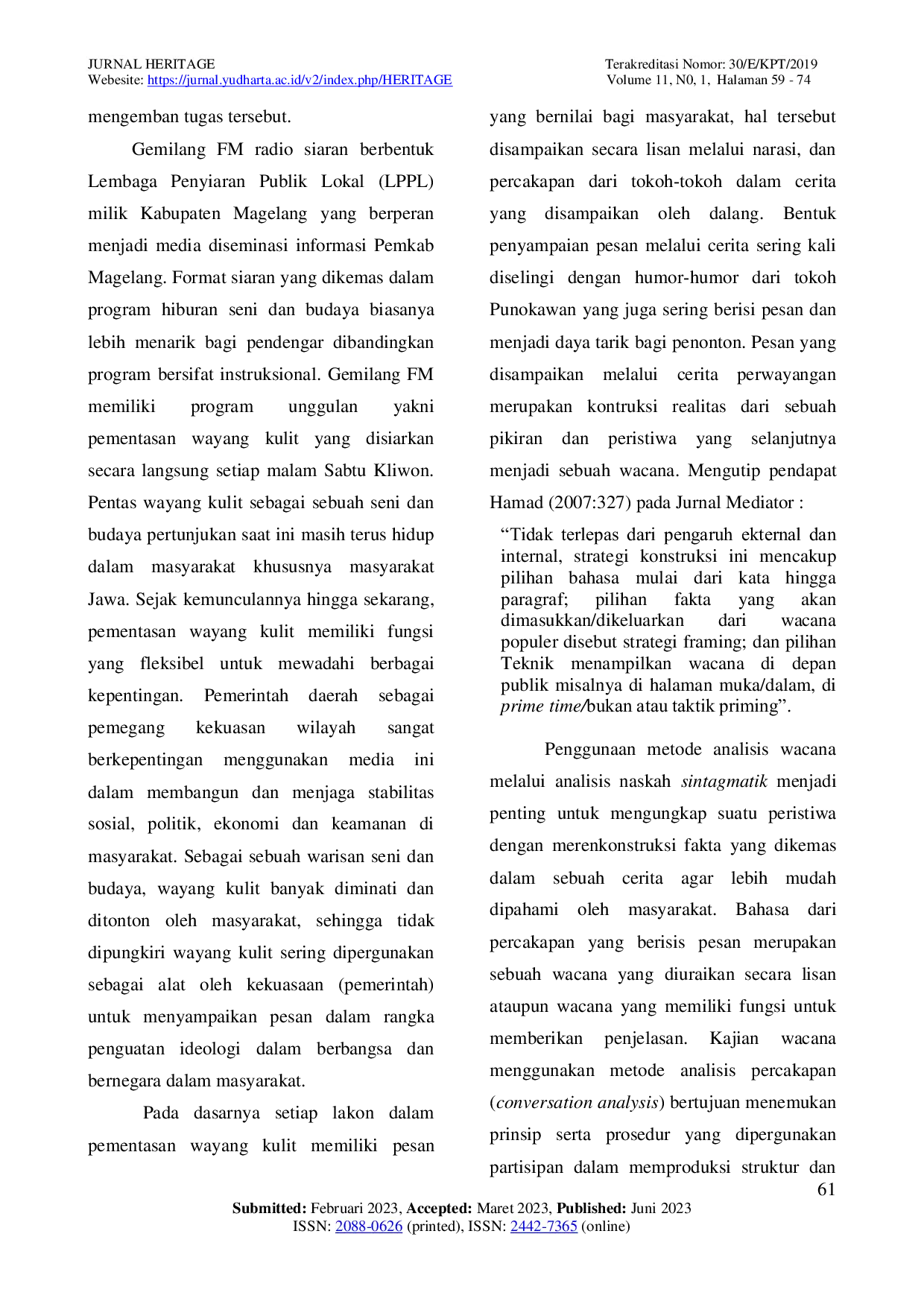 JURIS Analisis Wacana Pada Pementasan Wayang Kulit Pandawa Kumpul Di Radio Gemilang FM