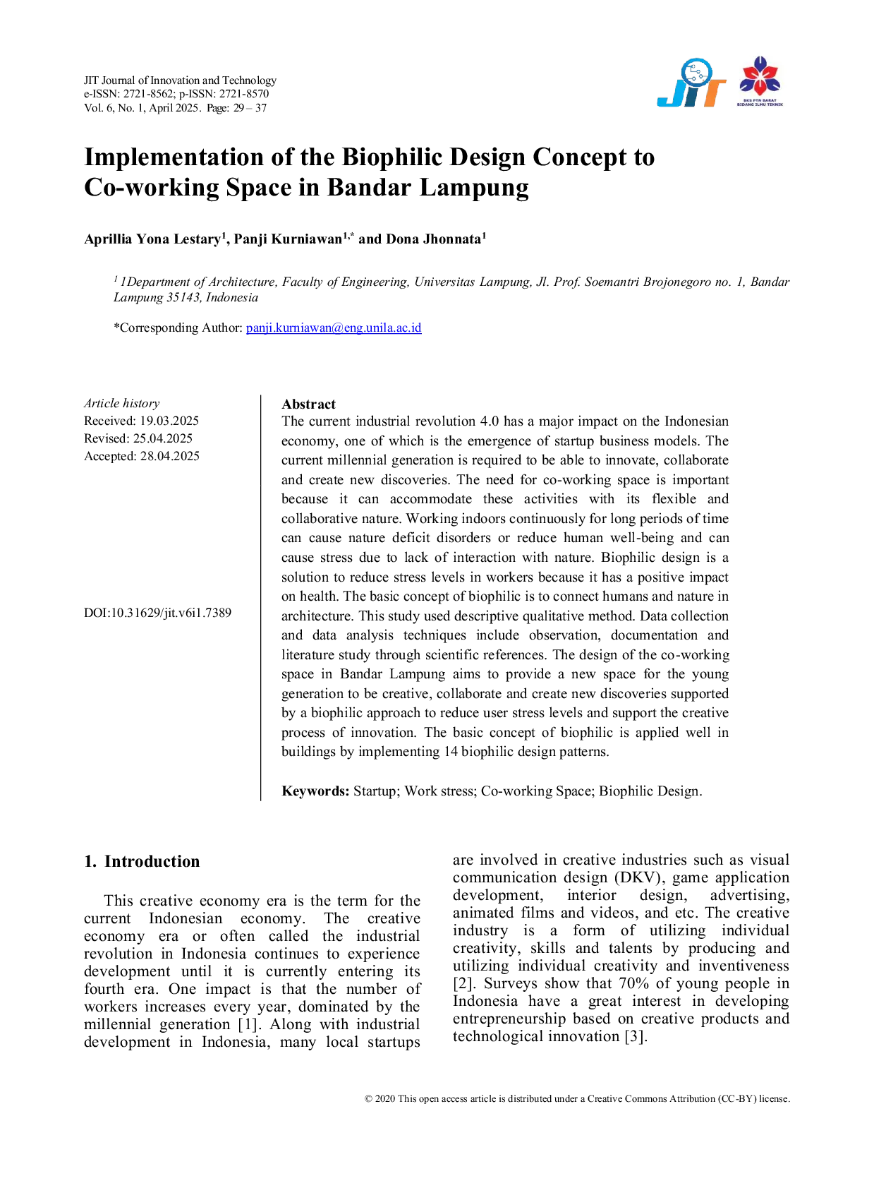 JURIS Implementation of the Biophilic Design Concept to Co working Space in Bandar Lampung