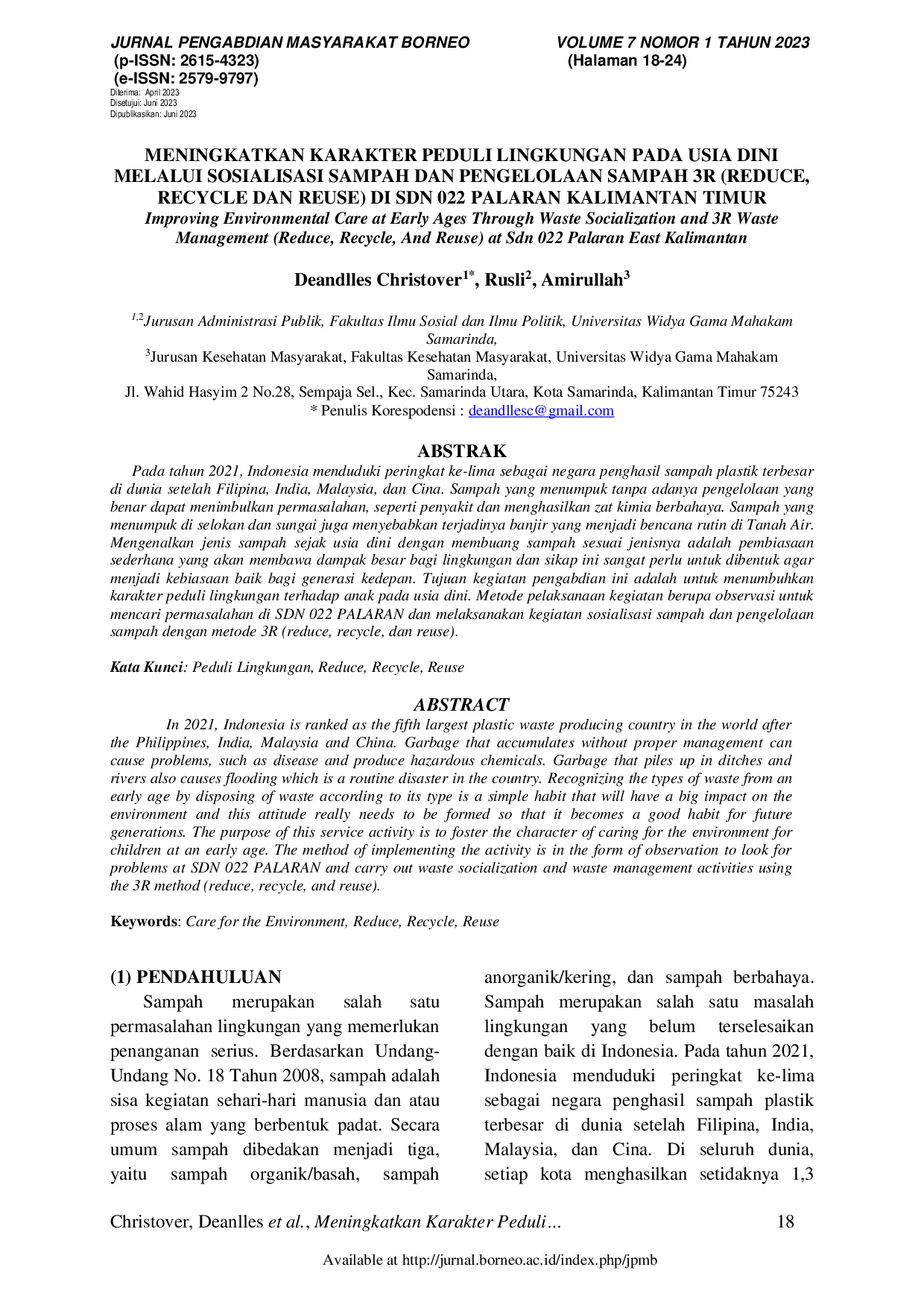 JURIS Meningkatkan Karakter Peduli Lingkungan Pada Usia Dini Melalui Sosialisasi Sampah dan Pengelolaan Sampah 3R Reduce Recycle dan Reuse Di Sdn 022 Palaran Kalimantan Timur