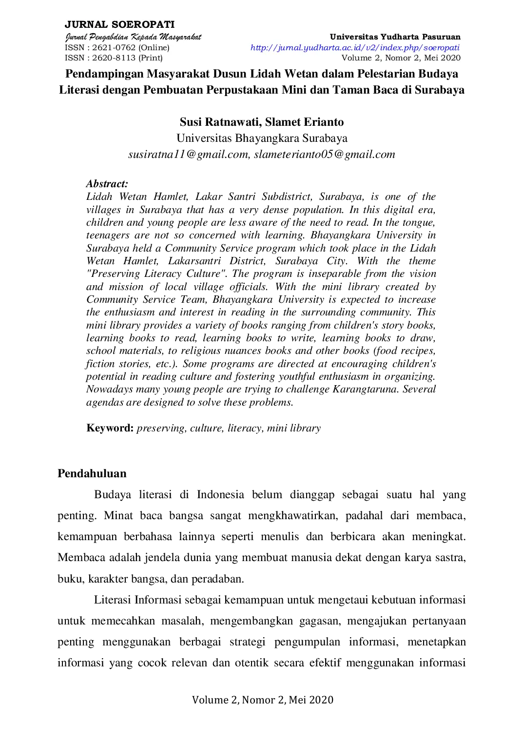 JURIS Pendampingan Masyarakat Dusun Lidah Wetan dalam Pelestarian Budaya Literasi dengan Pembuatan Perpustakaan Mini dan Taman Baca di Surabaya