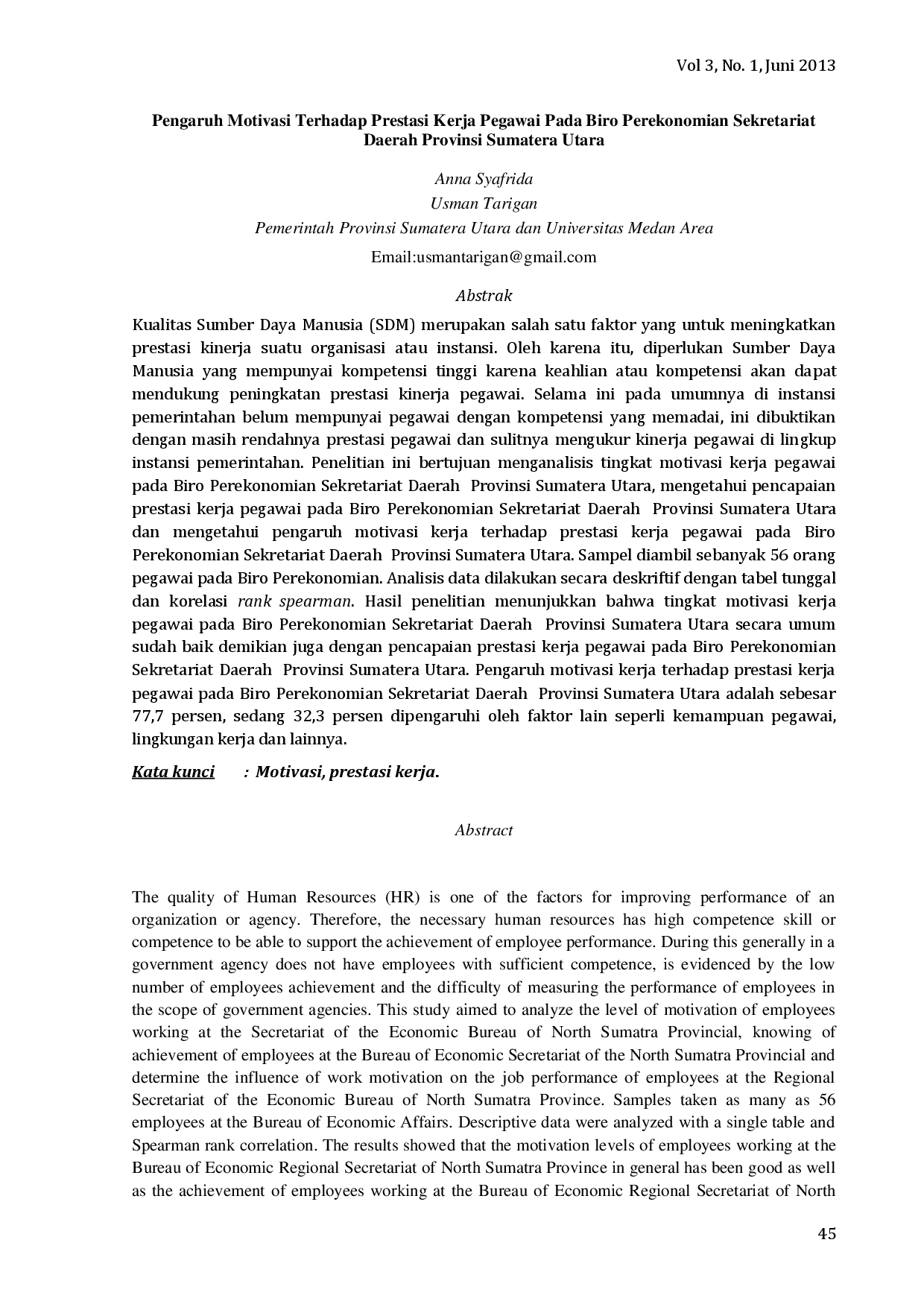 juris Pengaruh Motivasi Terhadap Prestasi Kerja Pegawai Pada Biro Perekonomian Sekretariat Daerah Provinsi Sumatera Utara