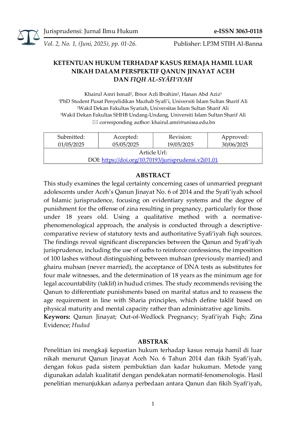 JURIS Ketentuan Hukum terhadap Remaja Hamil Luar Nikah dalam Perspektif Qanun Jinayat Aceh dan Fiqh SyAfi yah