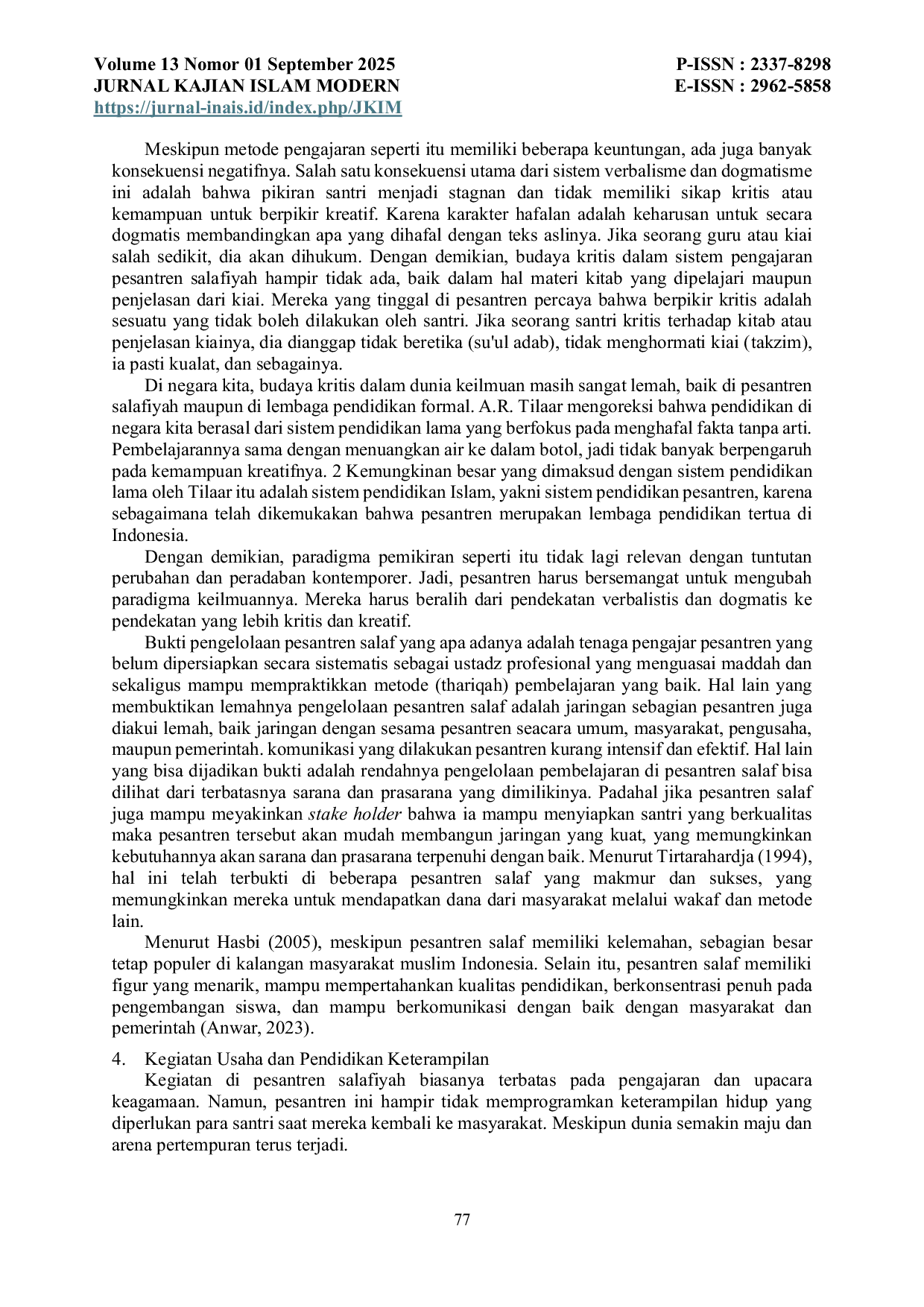 JURIS Rekonstruksi Sistem Pendidikan Pesantren Salafi Di Era Modern