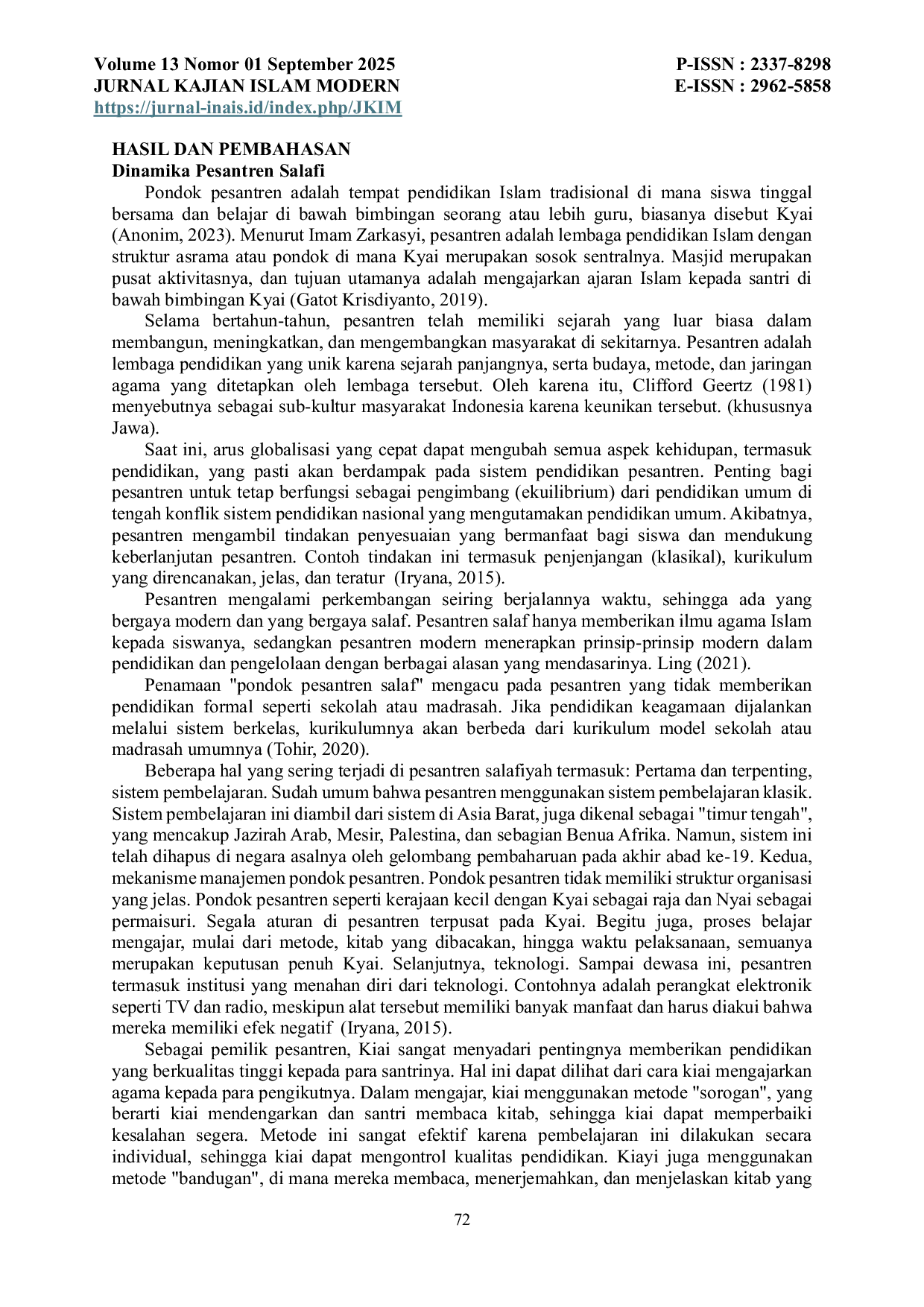 JURIS Rekonstruksi Sistem Pendidikan Pesantren Salafi Di Era Modern