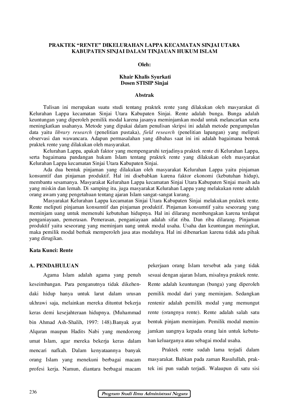 JURIS Praktek Rente Di Kelurahan Lappa Kecamatan Sinjai Utara Kabupaten Sinjai Dalam Tinjauan Hukum Islam