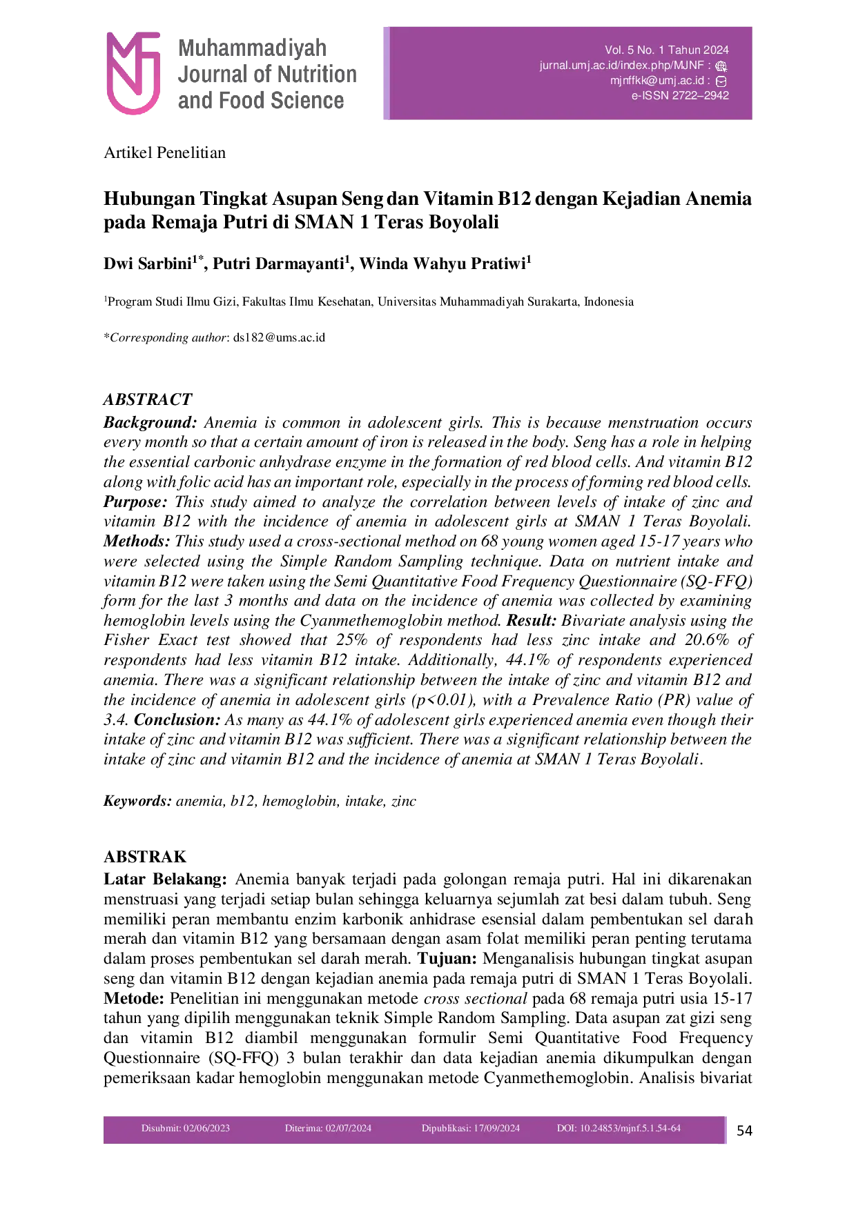 JURIS Hubungan Tingkat Asupan Seng dan Vitamin B12 dengan Kejadian Anemia pada Remaja Putri di SMAN 1 Teras Boyolali