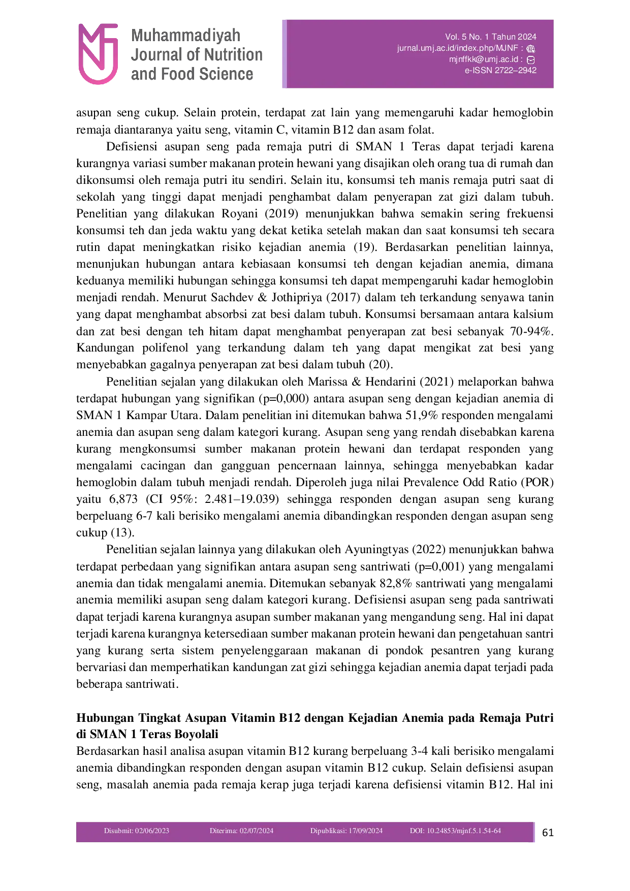 JURIS Hubungan Tingkat Asupan Seng dan Vitamin B12 dengan Kejadian Anemia pada Remaja Putri di SMAN 1 Teras Boyolali