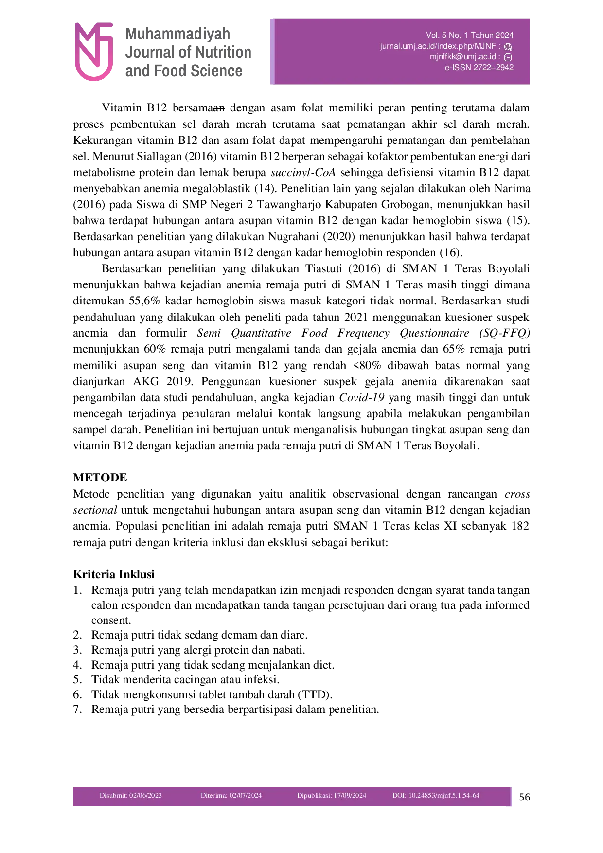 JURIS Hubungan Tingkat Asupan Seng dan Vitamin B12 dengan Kejadian Anemia pada Remaja Putri di SMAN 1 Teras Boyolali