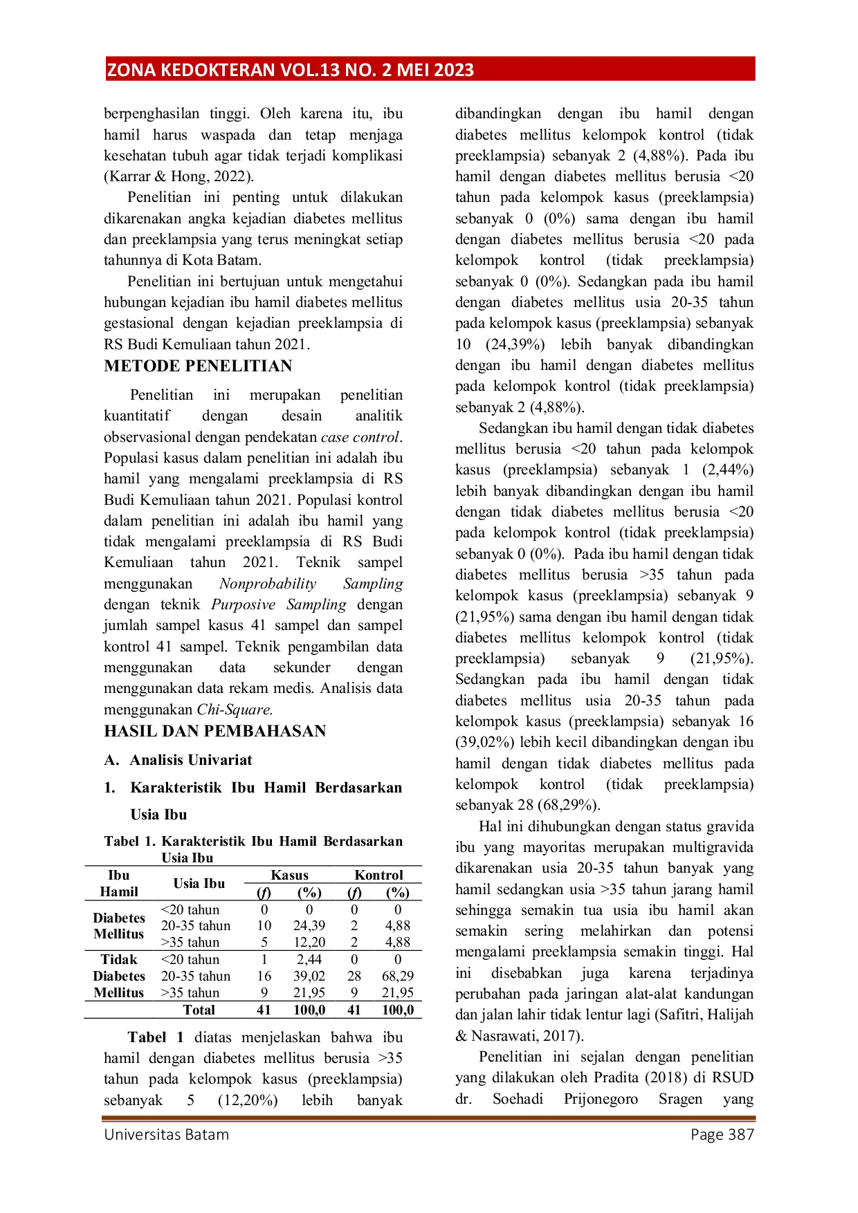 JURIS Hubungan Kejadian Ibu Hamil Diabetes Mellitus Gestasional dengan Kejadian Preeklampsia di RS Budi Kemuliaan Tahun 2021