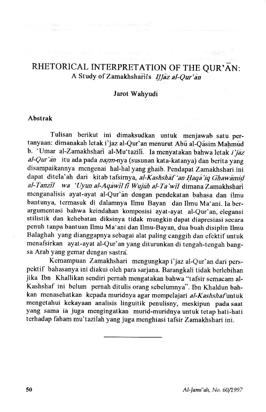 JURIS Rhetorical Interpretation of The Qur An A Study of Zamakhsharis IjjAz al Qur A n