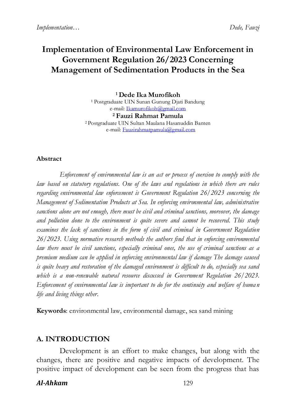 JURIS Implementasi Penegakan Hukum Lingkungan Hidup dalam Peraturan Pemerintah Nomor 26 Tahun 2023 Tentang Pengelolaan Hasil Sedimentasi di Laut