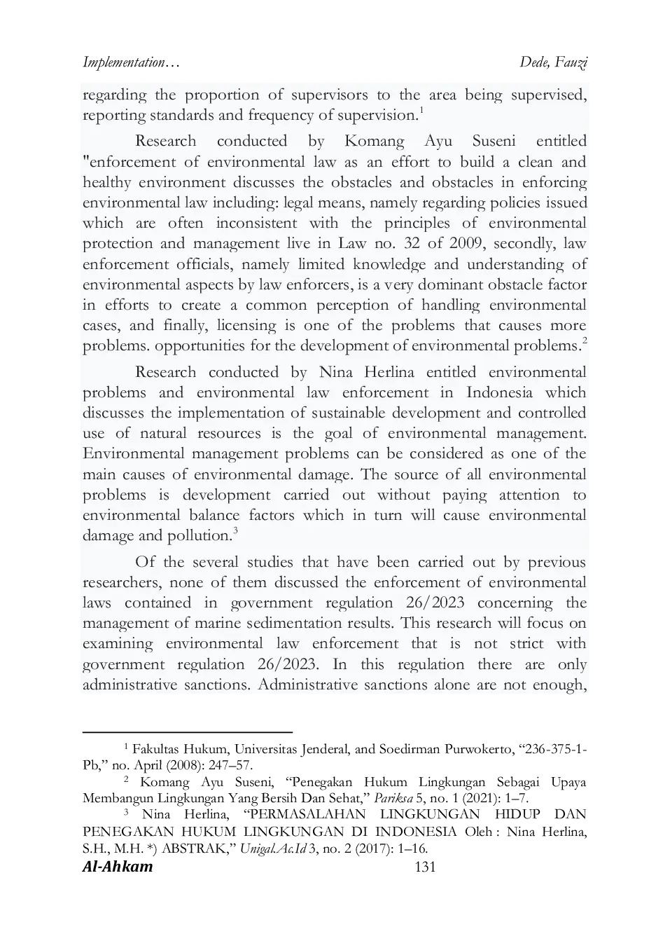 JURIS Implementasi Penegakan Hukum Lingkungan Hidup dalam Peraturan Pemerintah Nomor 26 Tahun 2023 Tentang Pengelolaan Hasil Sedimentasi di Laut