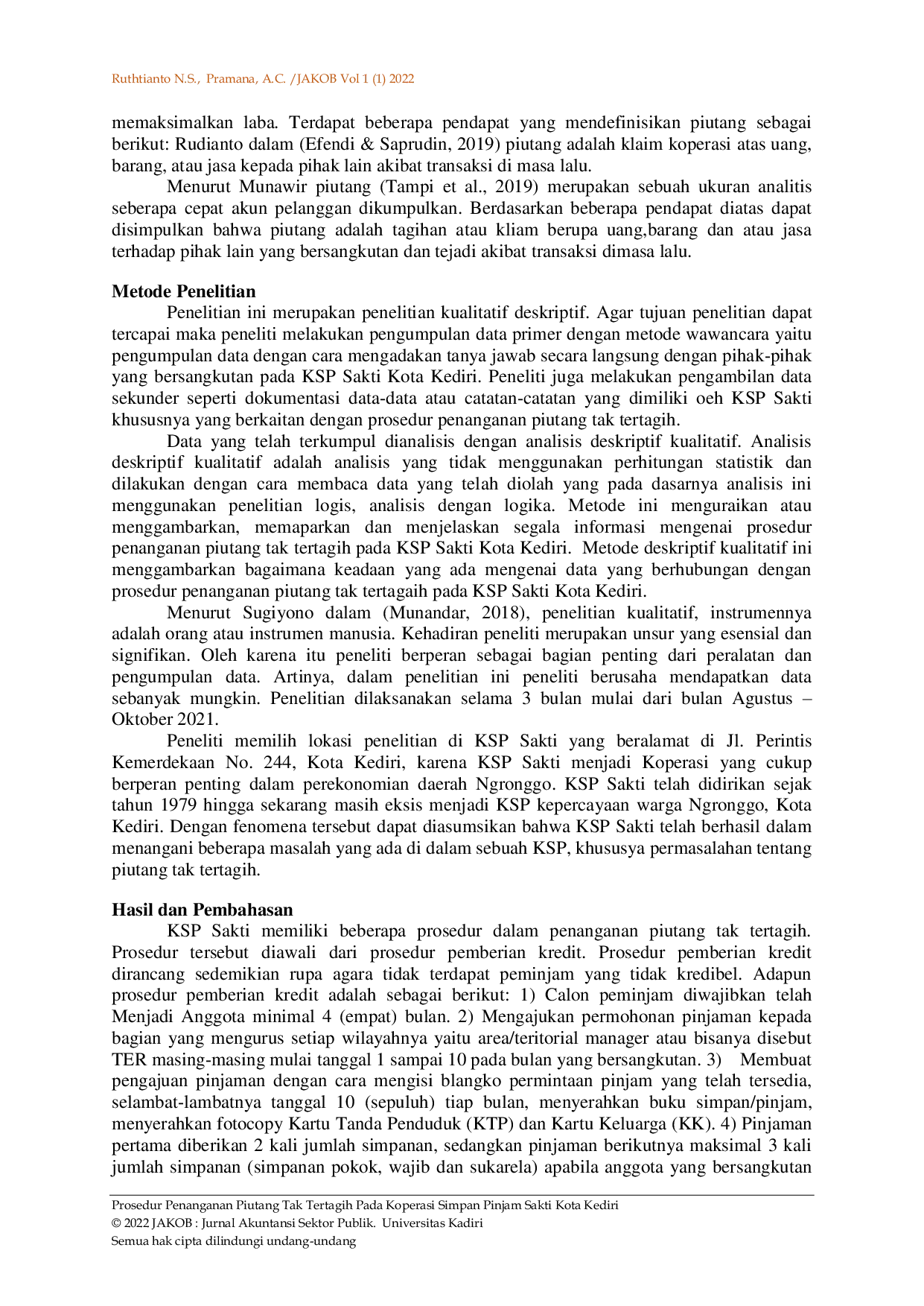 JURIS Prosedur Penanganan Piutang Tak Tertagih Pada Koperasi Simpan Pinjam Sakti Kota Kediri