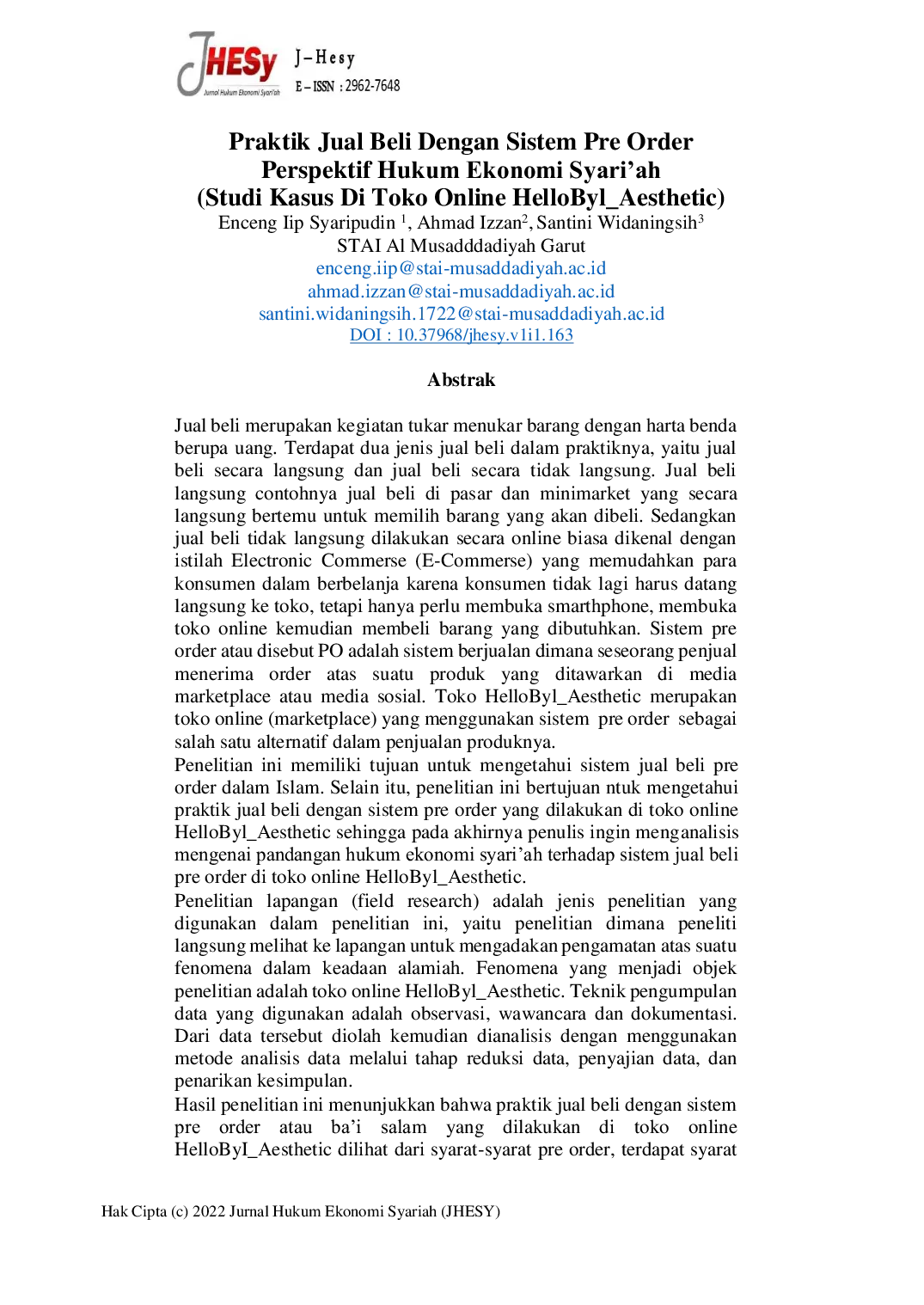 JURIS Praktik Jual Beli Dengan Sistem Pre Order Perspektif Hukum Ekonomi Syari ah Studi Kasus Di Toko Online HelloByl Aesthetic