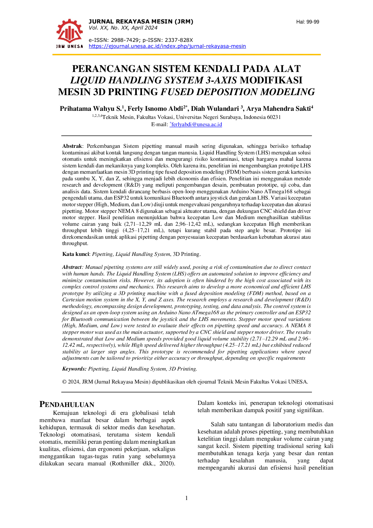 JURIS Perancangan Sistem Kendali Pada Alat Liquid Handling System LHS 3 Axis Modifikasi Mesin 3D Printing Fused Deposition Modeling FDM