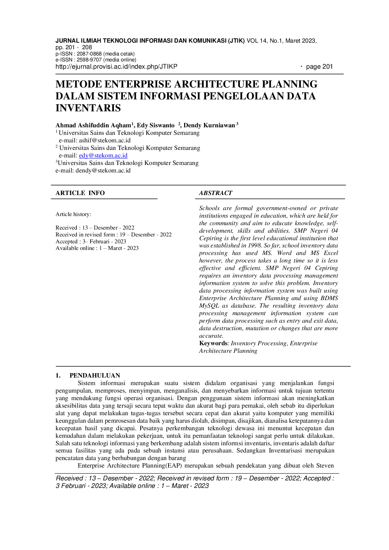 JURIS Metode Enterprise Architecture Planning Dalam Sistem Informasi Pengelolaan Data Inventaris