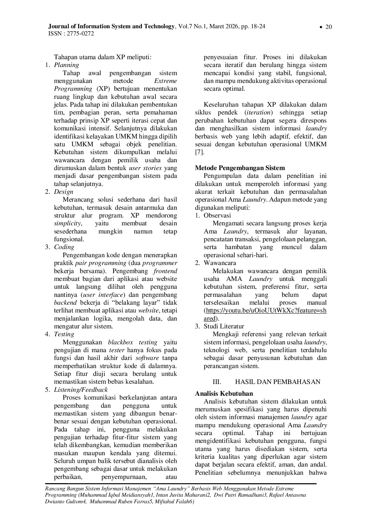 JURIS Rancang Bangun Sistem Informasi Manajemen Ama Laundry Berbasis Web Menggunakan Metode Extreme Programming