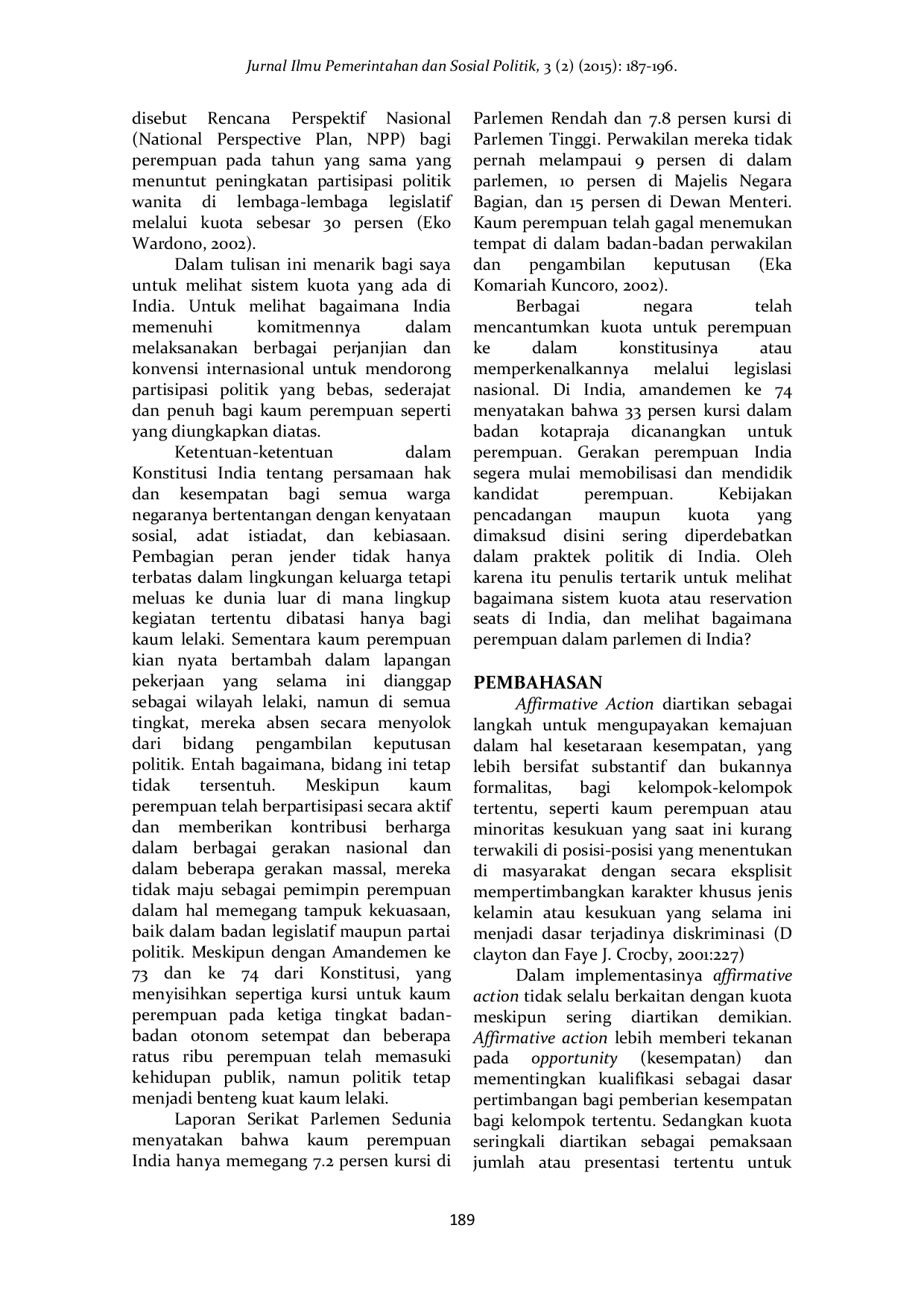 JURIS Affirmative Action Reservation Seats untuk Perempuan di Parlemen India