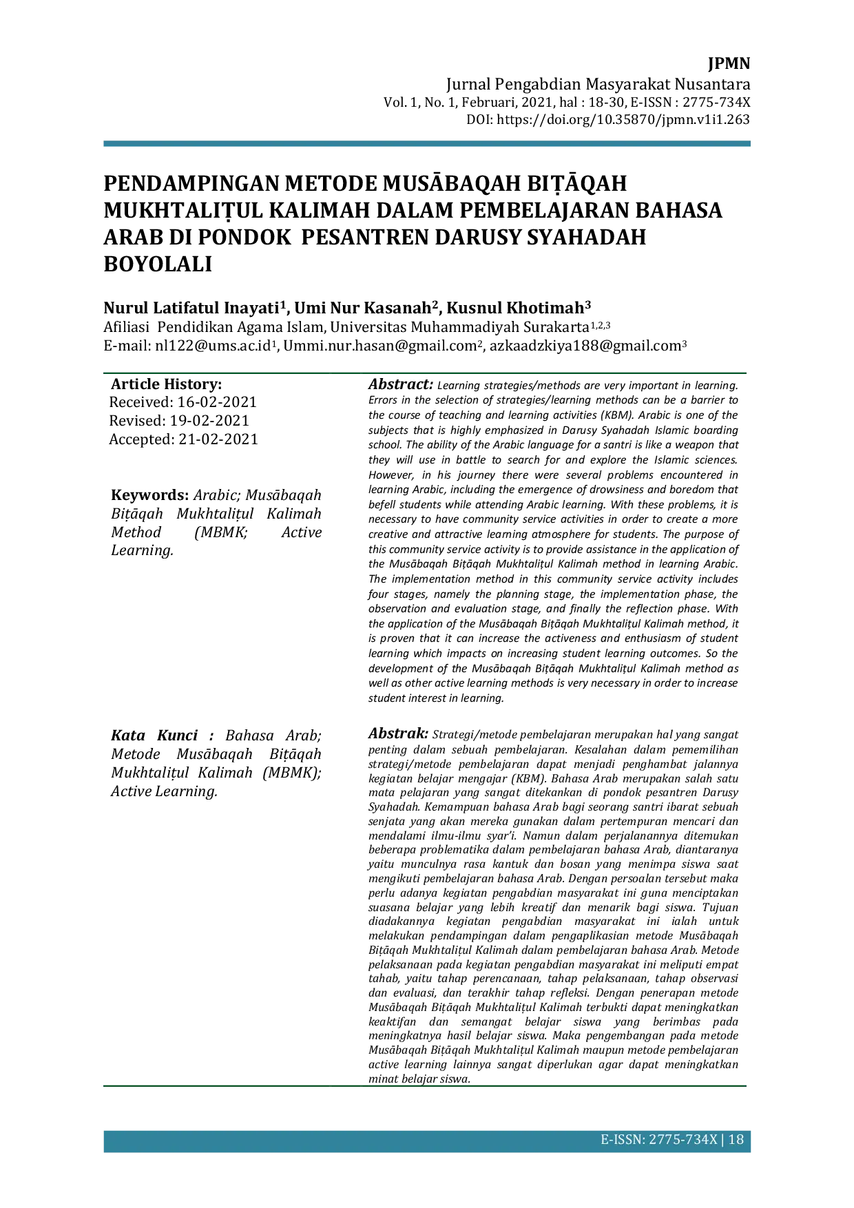 JURIS Pendampingan Metode Musabaqah Bitaqah Mukhtalitul Kalimah Dalam Pembelajaran Bahasa Arab Di Pondok Pesantren Darusy Syahadah Boyolali